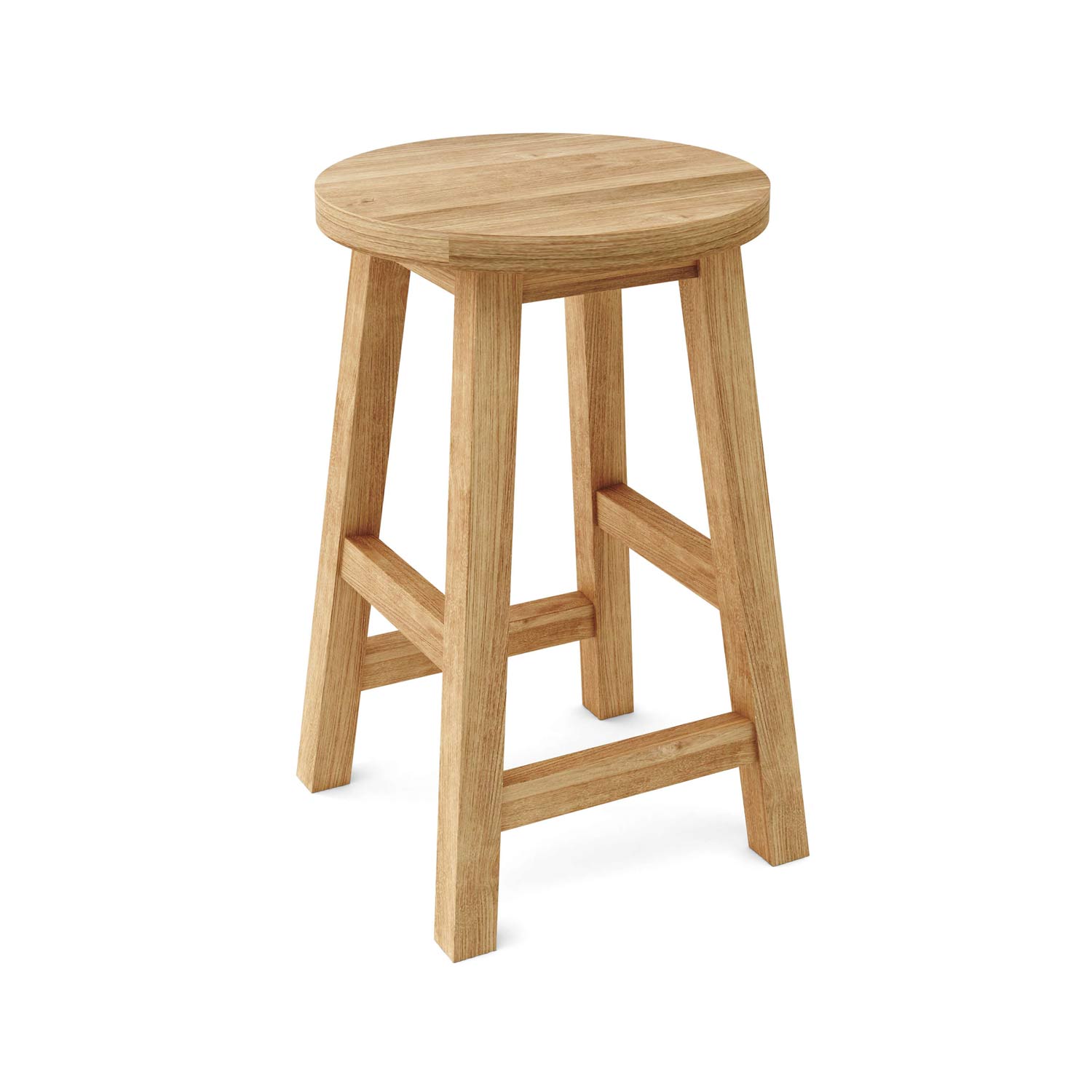 Backless round teak bar stool in a natural finish, featuring a thick circular seat, four slightly splayed legs and crossbar footrests; solid wood coastal design for outdoor or kitchen seating.