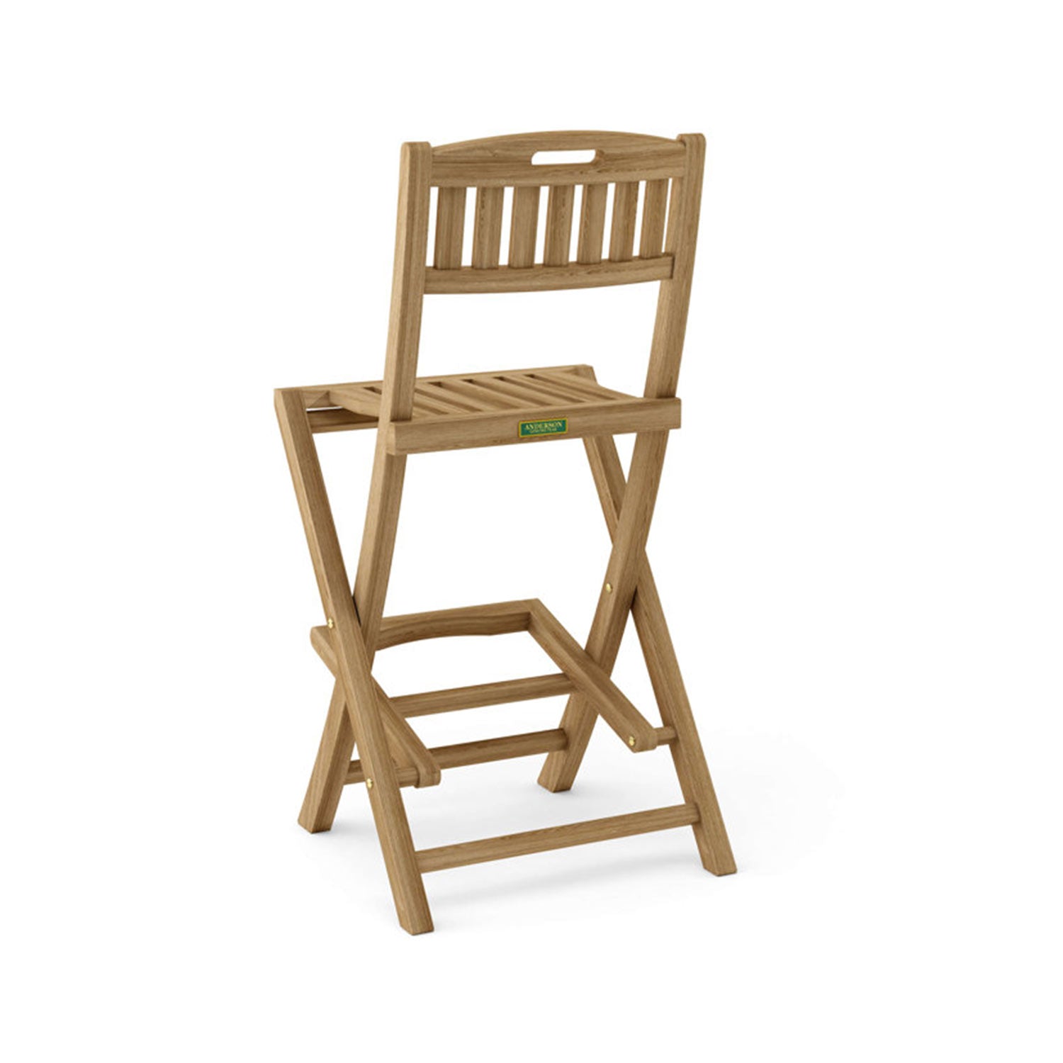 Rear three-quarter view of a natural teak folding armless outdoor bar stool featuring a slatted seat and back, integrated footrest and visible brass hardware.