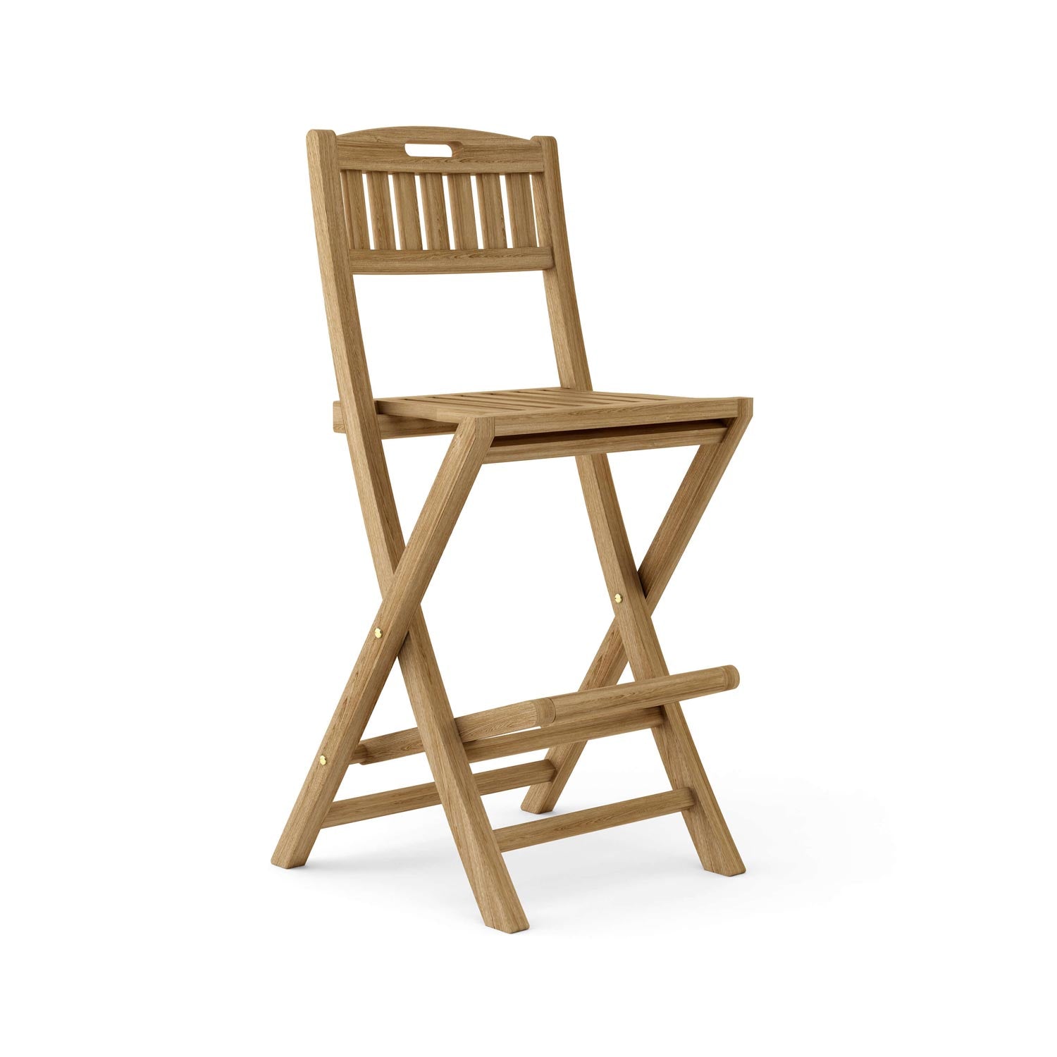 Armless folding teak bar stool in a natural finish, featuring a slatted seat and slatted back, X-shaped folding legs with brass pivot hardware and a rounded footrest for coastal outdoor seating.