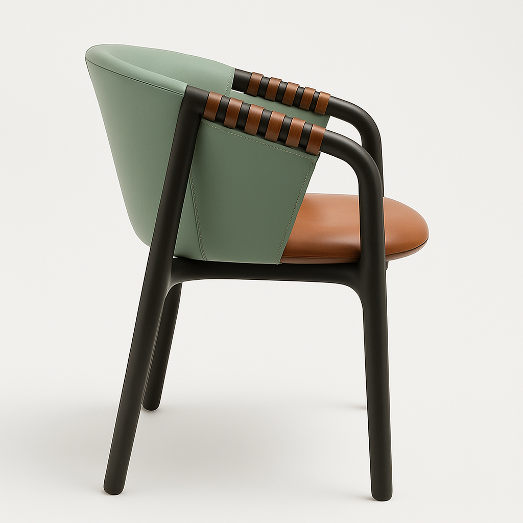 Side view of a modern dining chair with a matte black wood frame, mint-green leather curved back, tan cognac leather seat and brown leather-wrapped arm strap details.