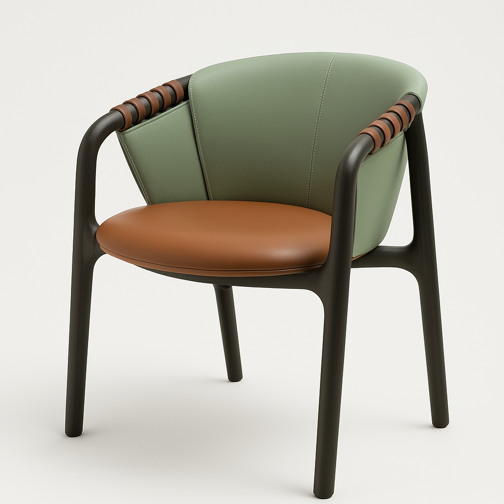 Modern dining chair with a curved sage-green leather back, cognac leather seat cushion, and a black wood frame with wrapped brown leather arm loops.