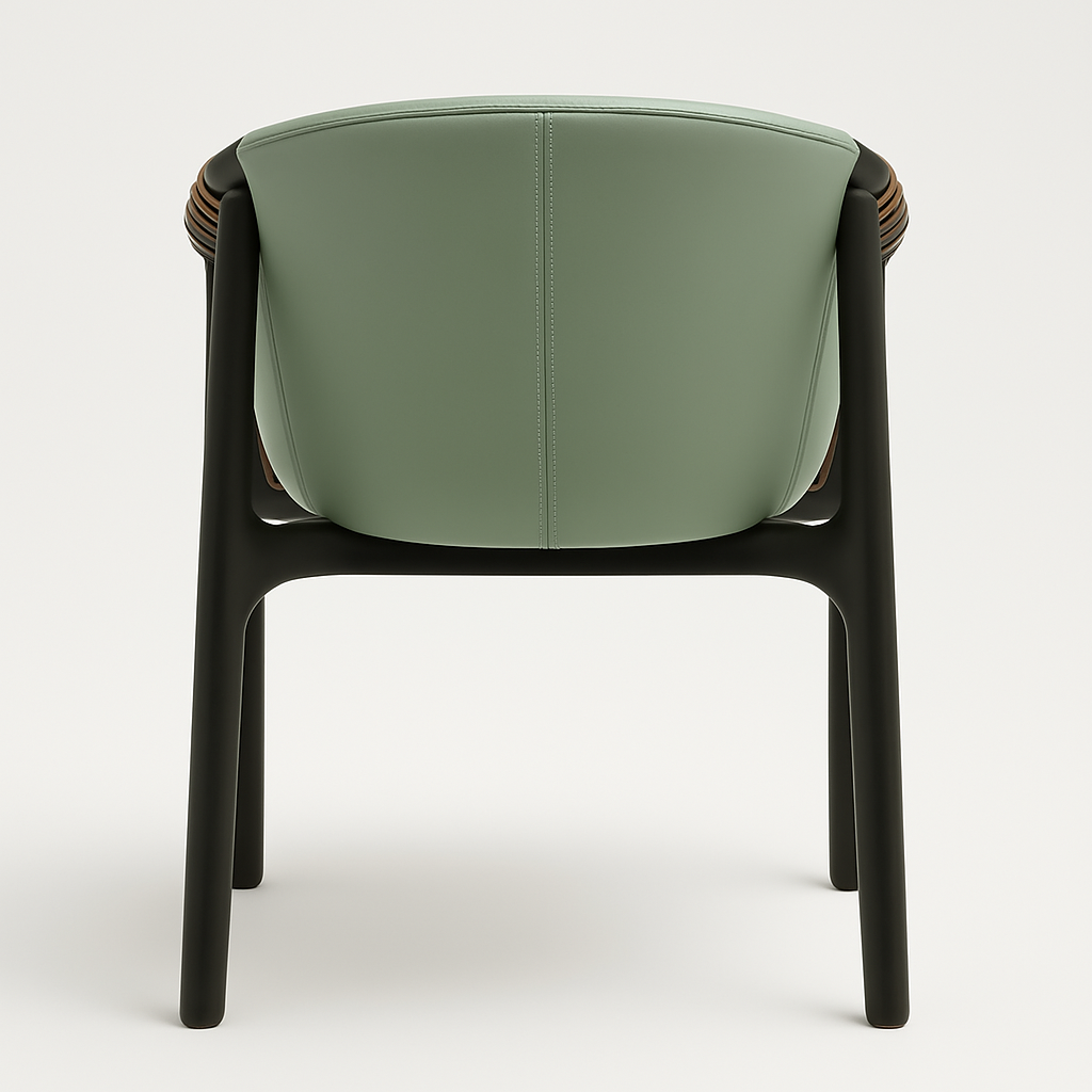 Rear view of a modern dining chair featuring sage-green leather upholstery with a central stitched seam, supported by a black wooden frame and curved brown wood accents along the arms.