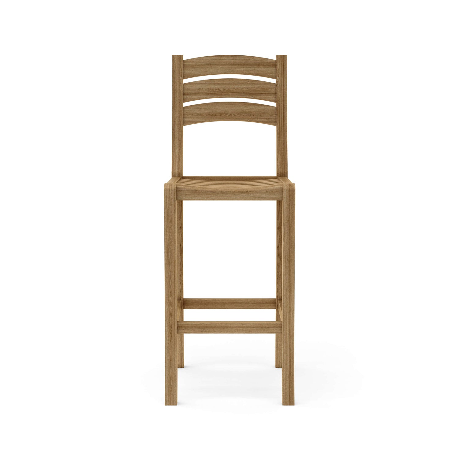 Front view of an armless teak outdoor bar stool with a three-slat curved ladder back, solid teak construction, square legs and two horizontal footrest bars in a natural teak finish.