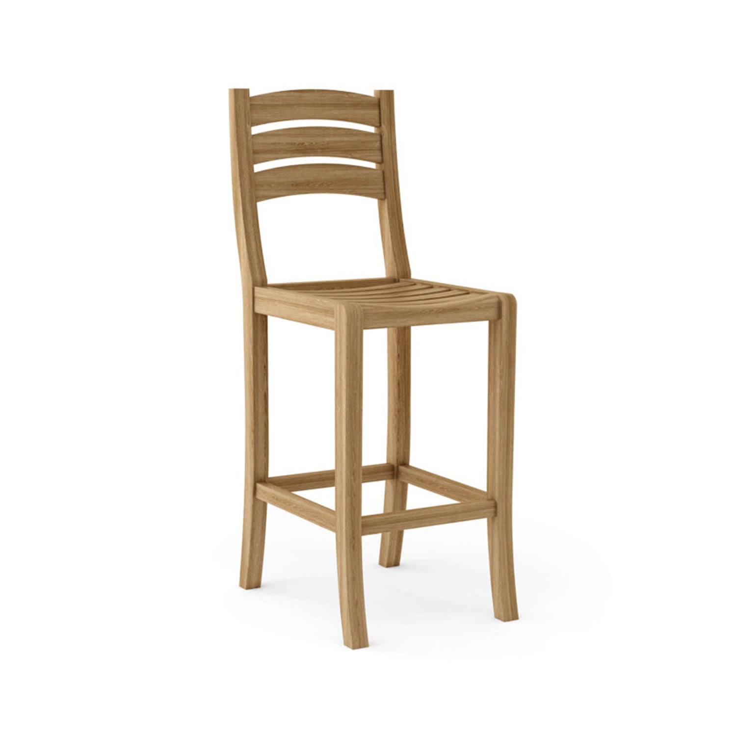 Armless outdoor bar stool in natural teak with a slatted seat, three curved ladder-back slats, squared legs and built-in footrest, coastal-style solid wood construction for patio or bar.