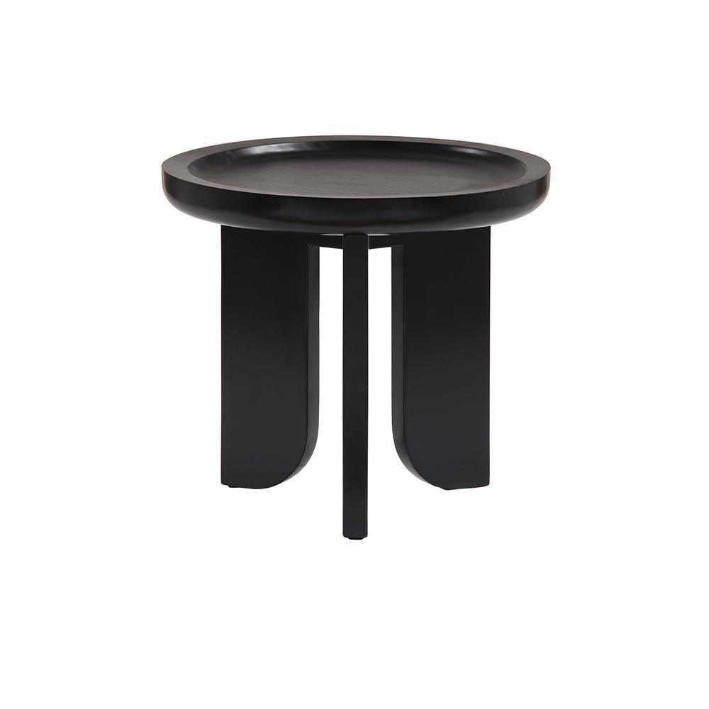 Black mahogany solid wood side table with a round recessed tray top, raised rim and sculptural three-leg base in a modern contemporary style.