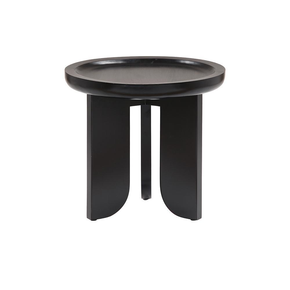 Round black solid-wood side table with a thick raised rim tabletop and three curved pedestal legs in a modern contemporary style