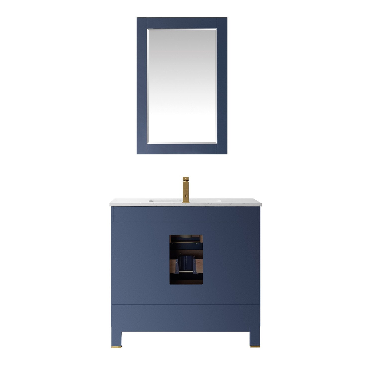 Modern 36" solid wood single-sink bathroom vanity in navy blue with a white stone countertop, rectangular mirror above and a gold faucet; freestanding cabinet with center service access showing plumbing.