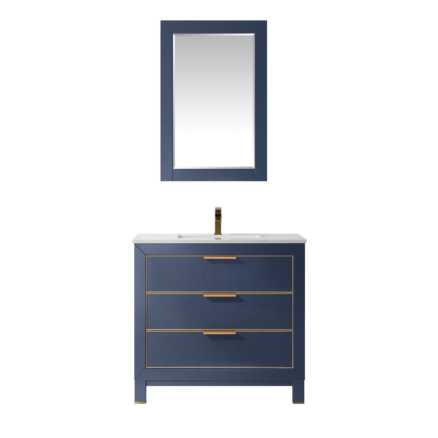 36-inch modern solid wood vanity with white stone top and integrated ceramic sink, navy-blue three-drawer cabinet with gold/brass handles and matching rectangular mirror.