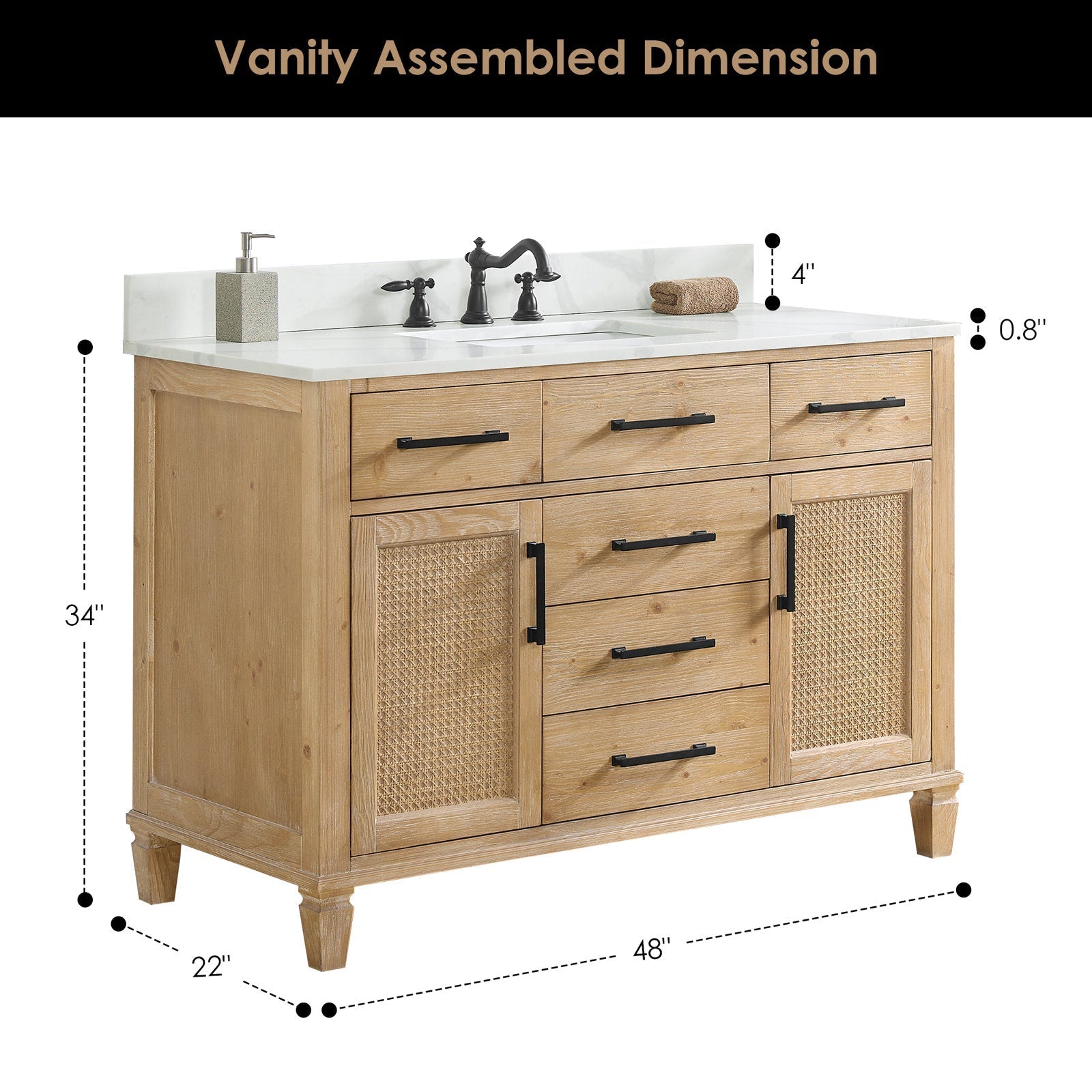 48-inch weathered fir single-sink bathroom vanity with white Calacatta quartz stone top, integrated rectangular ceramic sink, cane-front doors, black metal bar pulls and faucet, freestanding modern-contemporary design with tapered legs.