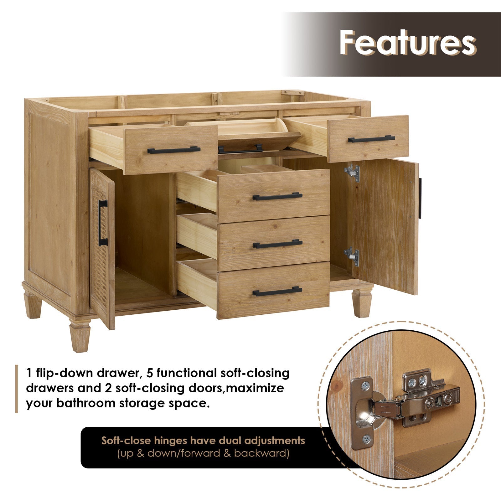 Open 48-inch weathered fir single-sink bathroom vanity showing five center drawers (partially open), a flip-down drawer, two open side doors, black metal bar pulls, tapered legs and an inset soft-close hinge close-up.
