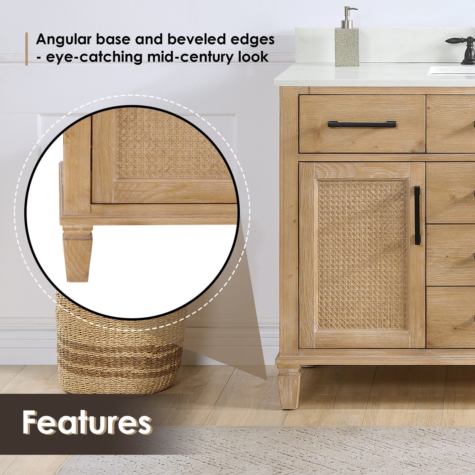 Close-up right-side view of a modern weathered fir bathroom vanity with a Calacatta white quartz countertop, woven cane cabinet door, black metal handles, tapered legs, and an undermount sink with faucet and soap dispenser.
