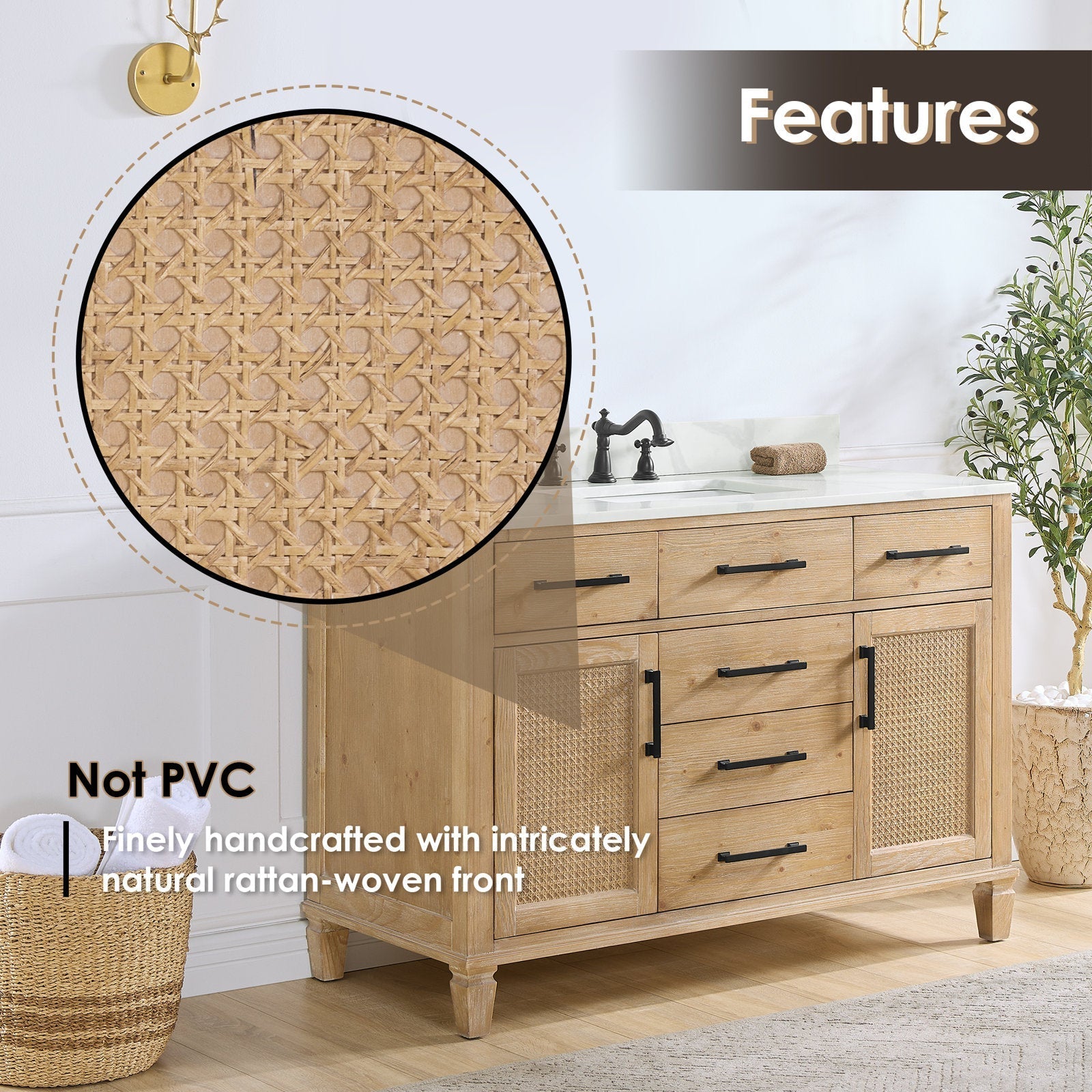 48-inch weathered fir single-sink bathroom vanity with Calacatta white quartz top, natural rattan-woven cabinet fronts, black bar hardware and tapered legs, shown with inset close-up of the woven rattan texture.