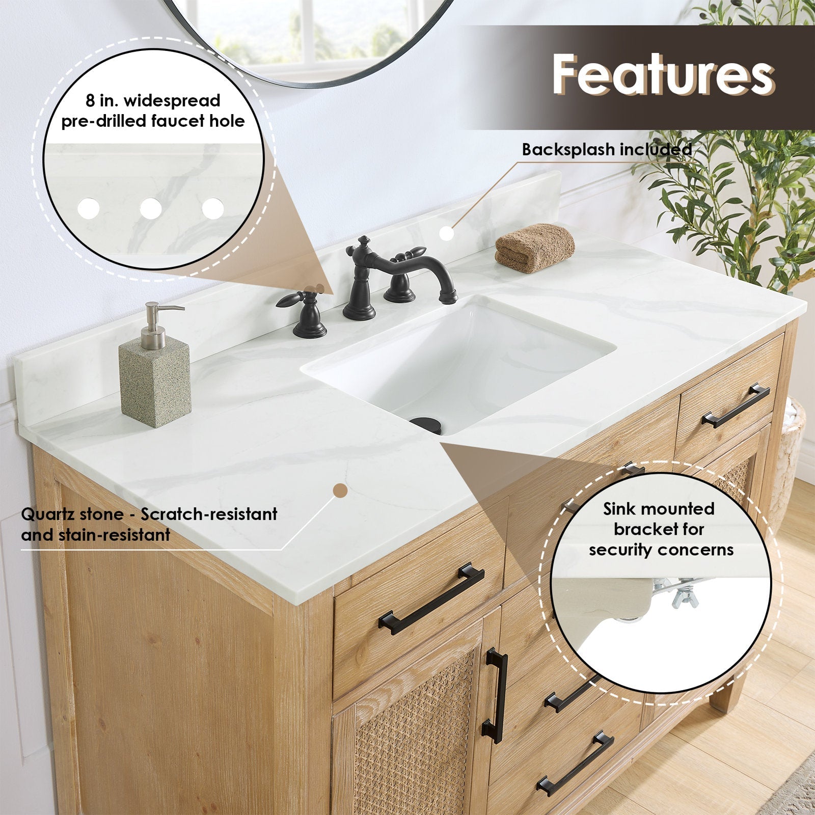 48-inch weathered fir single-sink bathroom vanity with Calacatta white quartz countertop, rectangular undermount ceramic sink, 8 in. widespread black faucet, matte black hardware, cane-front door, drawers and included backsplash.