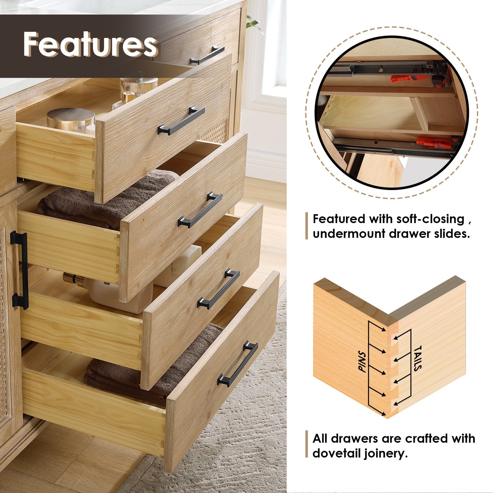 Four open drawers of a weathered fir single-sink bathroom vanity with natural wood interiors, black metal bar handles and folded towels, shown under a white Calacatta quartz top with callouts for soft-closing undermount slides and dovetail joinery.