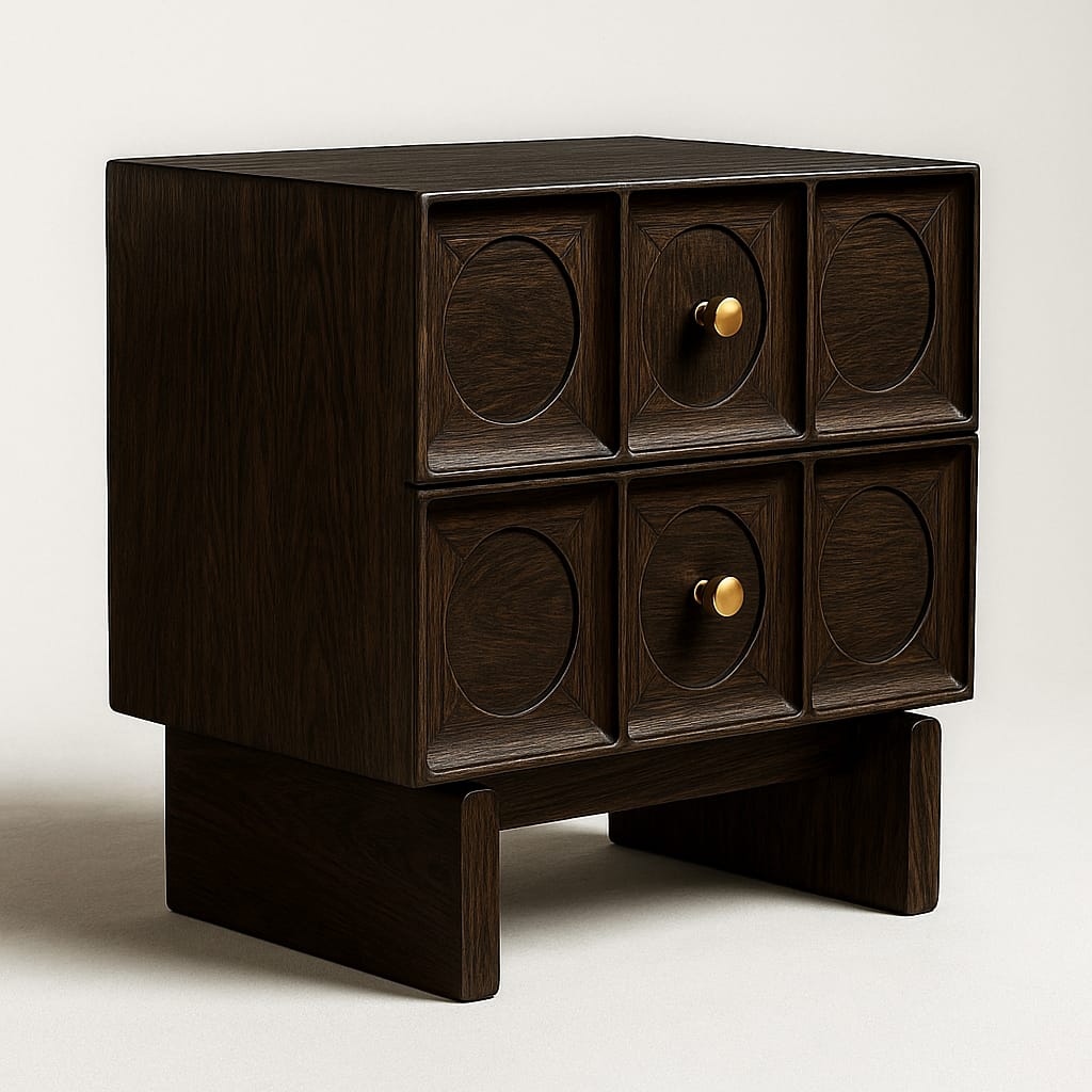 Solid American walnut two-drawer nightstand with six recessed circular-panel fronts, round brass knobs and a raised plank base, finished in deep walnut for a contemporary glam bedroom.