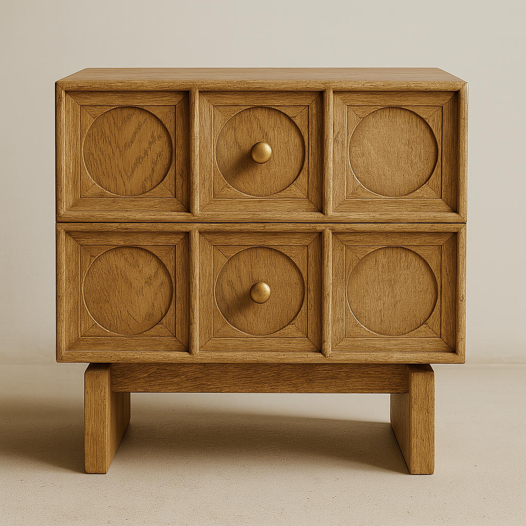 A solid oak contemporary nightstand with six recessed circular-panel drawer fronts, two brass round knobs, natural oak finish and raised block legs shown against a neutral background.