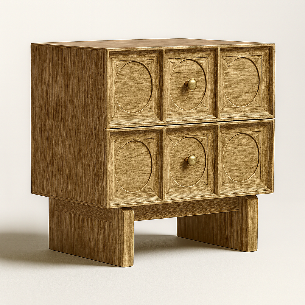 Light oak solid wood nightstand with two drawers, each featuring three recessed circular-panel fronts and brass knob handles, set on a low block-style base in a contemporary glam design.