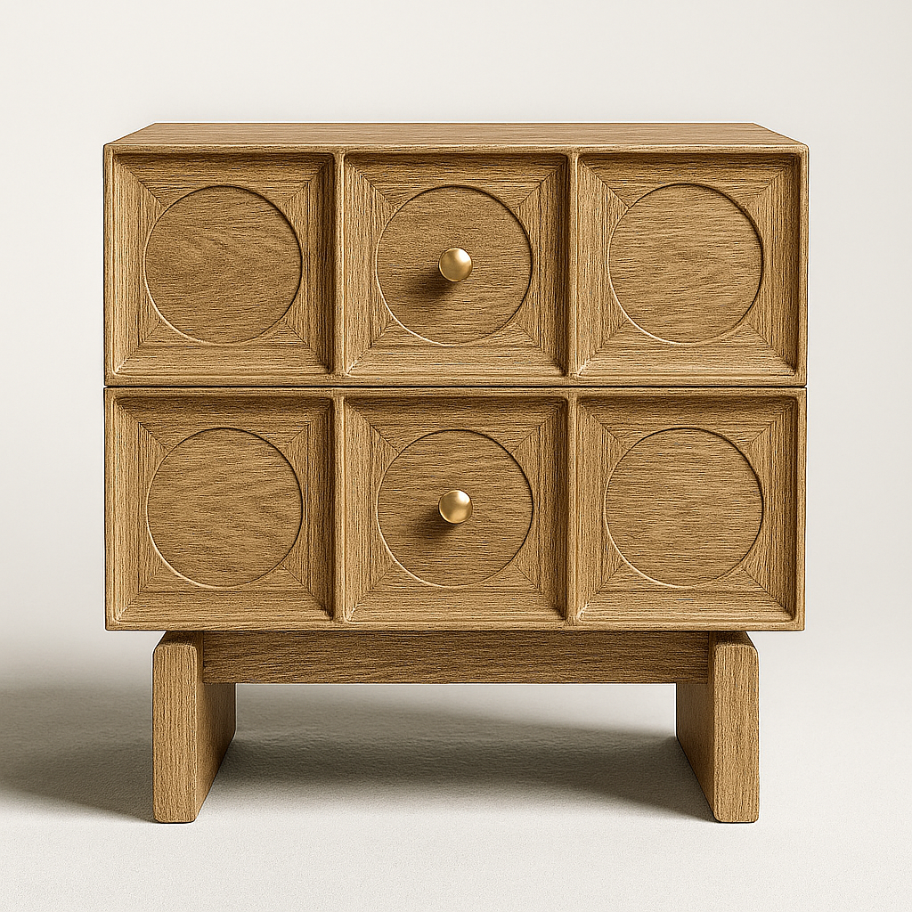 Front view of a solid oak nightstand with sculpted six-panel drawer fronts, two centered brass knobs and block legs, finished in warm natural wood for a contemporary glam bedside look.