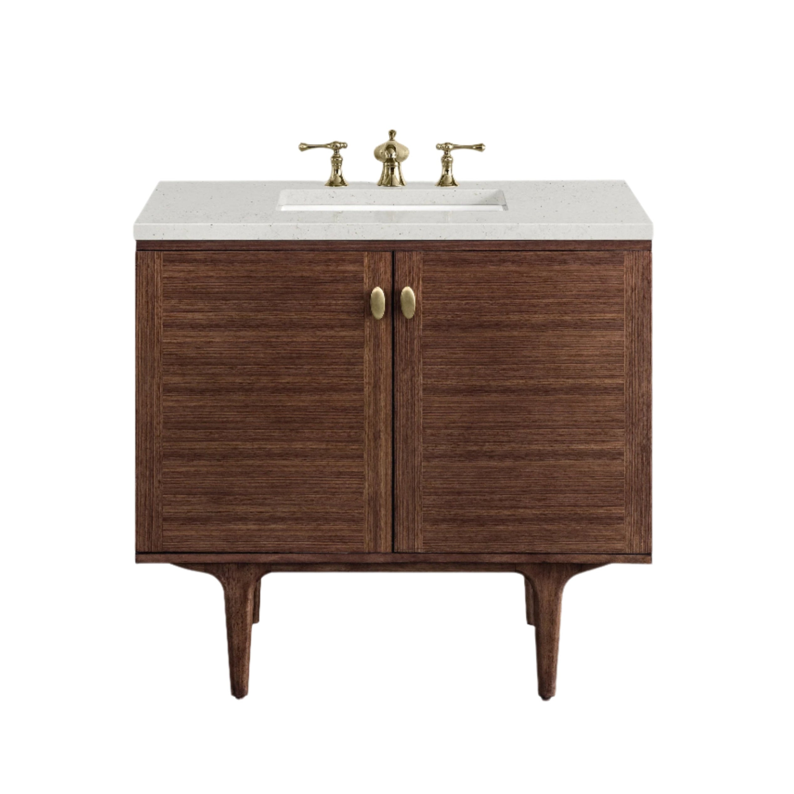 36-inch single-sink modern bathroom vanity in natural solid wood with a white stone countertop, integrated rectangular ceramic sink, brass faucet and oval brass knobs, raised on tapered mid-century style legs.