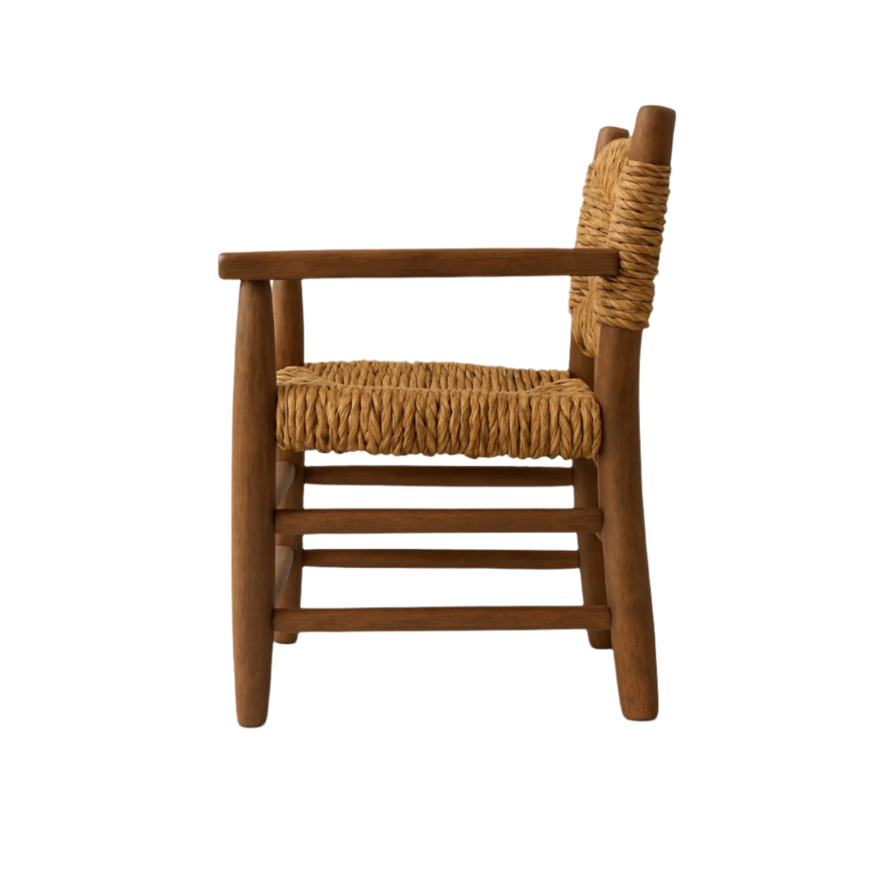 Side view of a rustic natural wood dining chair with a woven natural-fiber seat and wrapped backrest, tapered legs and straight wooden arms in a warm brown finish.
