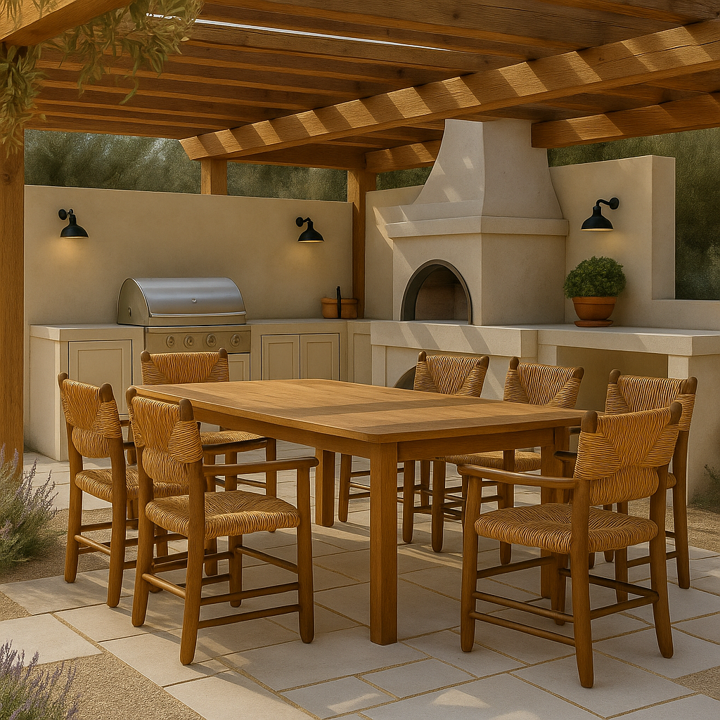 Outdoor dining scene under a wooden pergola with a rectangular natural wood table surrounded by six rustic woven-seat armchairs, set on stone tile beside a built-in stainless grill and stucco pizza oven.