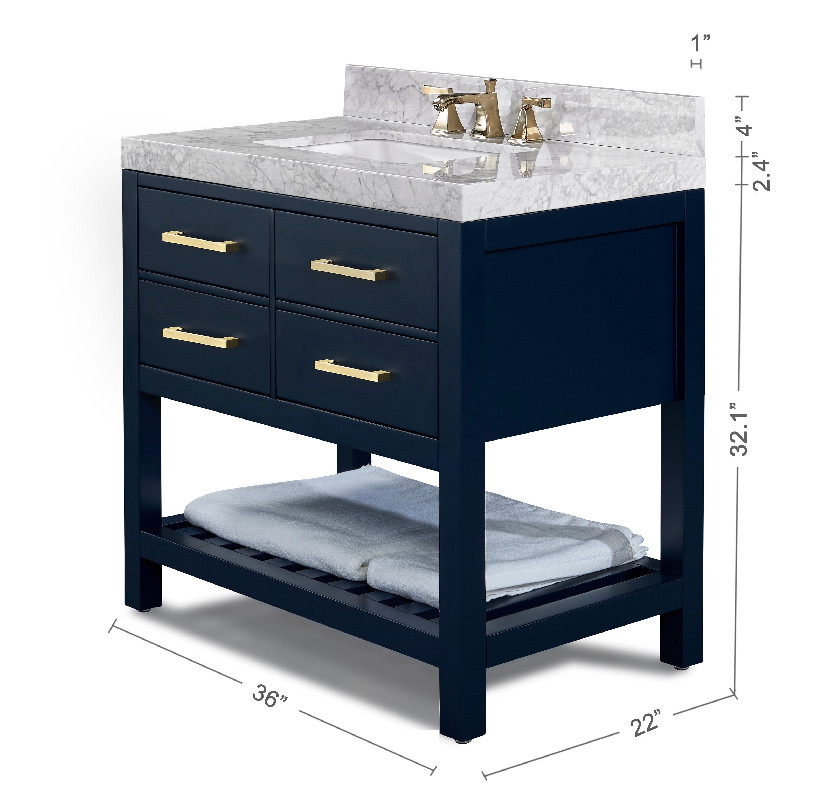 36-inch freestanding modern solid wood bathroom vanity with a stone marble top and integrated rectangular ceramic sink, navy painted base with four drawers, brushed gold handles, slatted lower shelf holding folded towels and gold faucet.