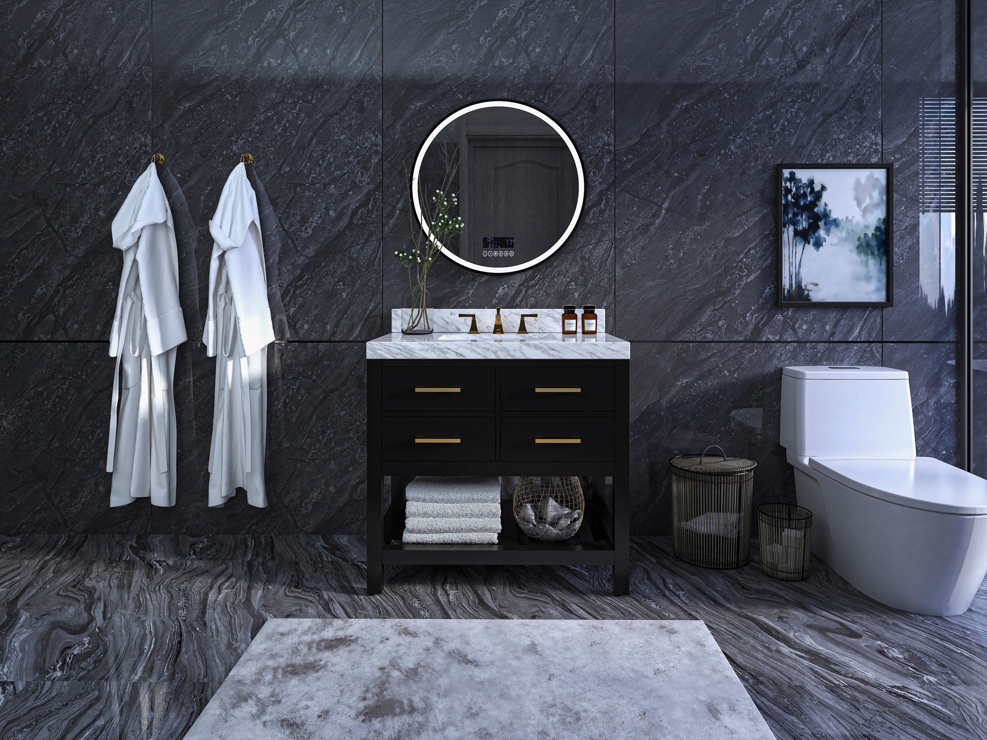 Freestanding 36-inch solid wood single-sink vanity in black with a white stone countertop, gold drawer pulls, open towel shelf, round illuminated mirror, dark stone wall panels and a white toilet in a contemporary bathroom.