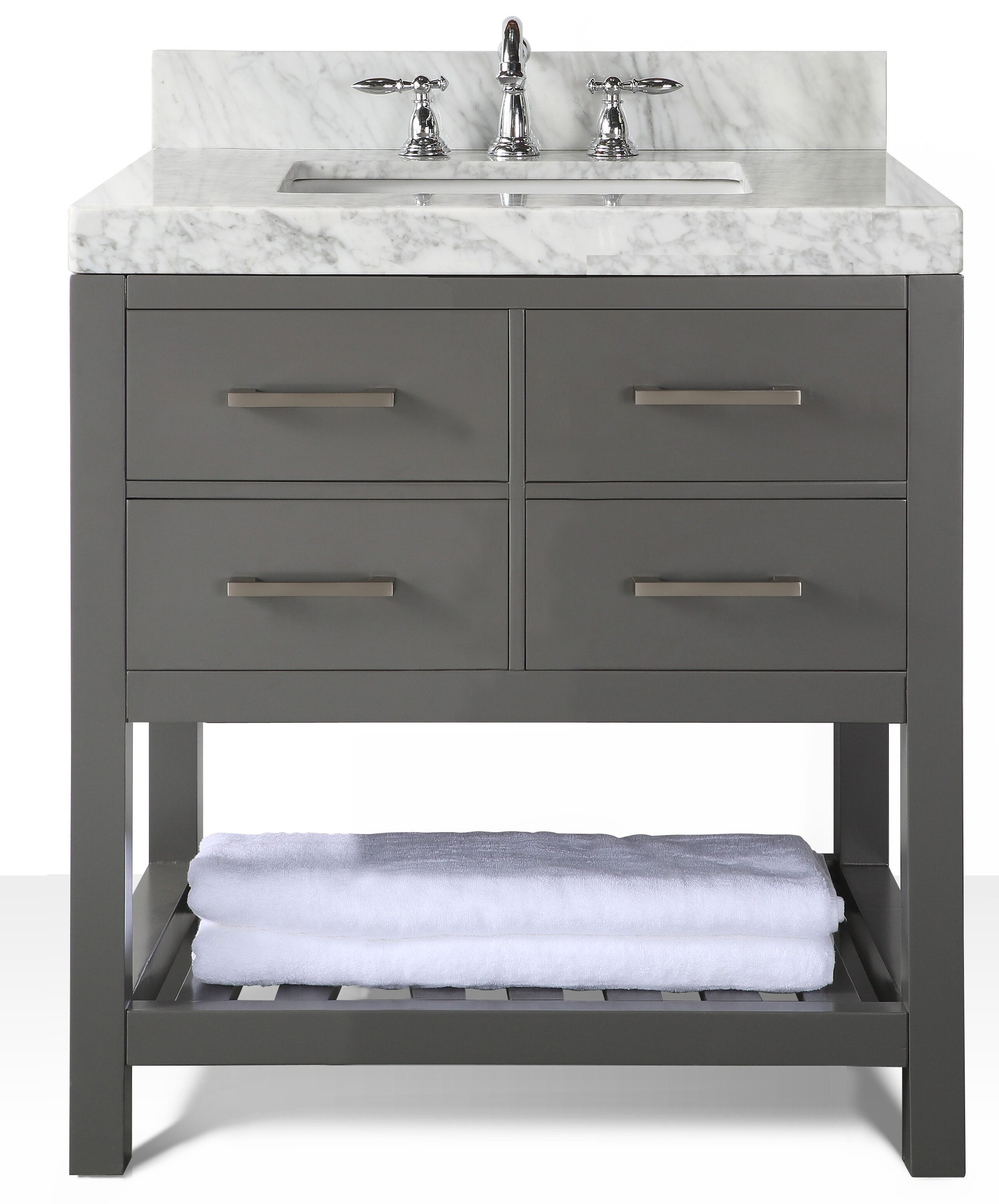 Freestanding solid wood bathroom vanity in stone gray with a white stone countertop featuring gray veining, integrated rectangular sink, chrome three-piece faucet, four drawers with brushed metal pulls and an open slatted shelf holding folded white t