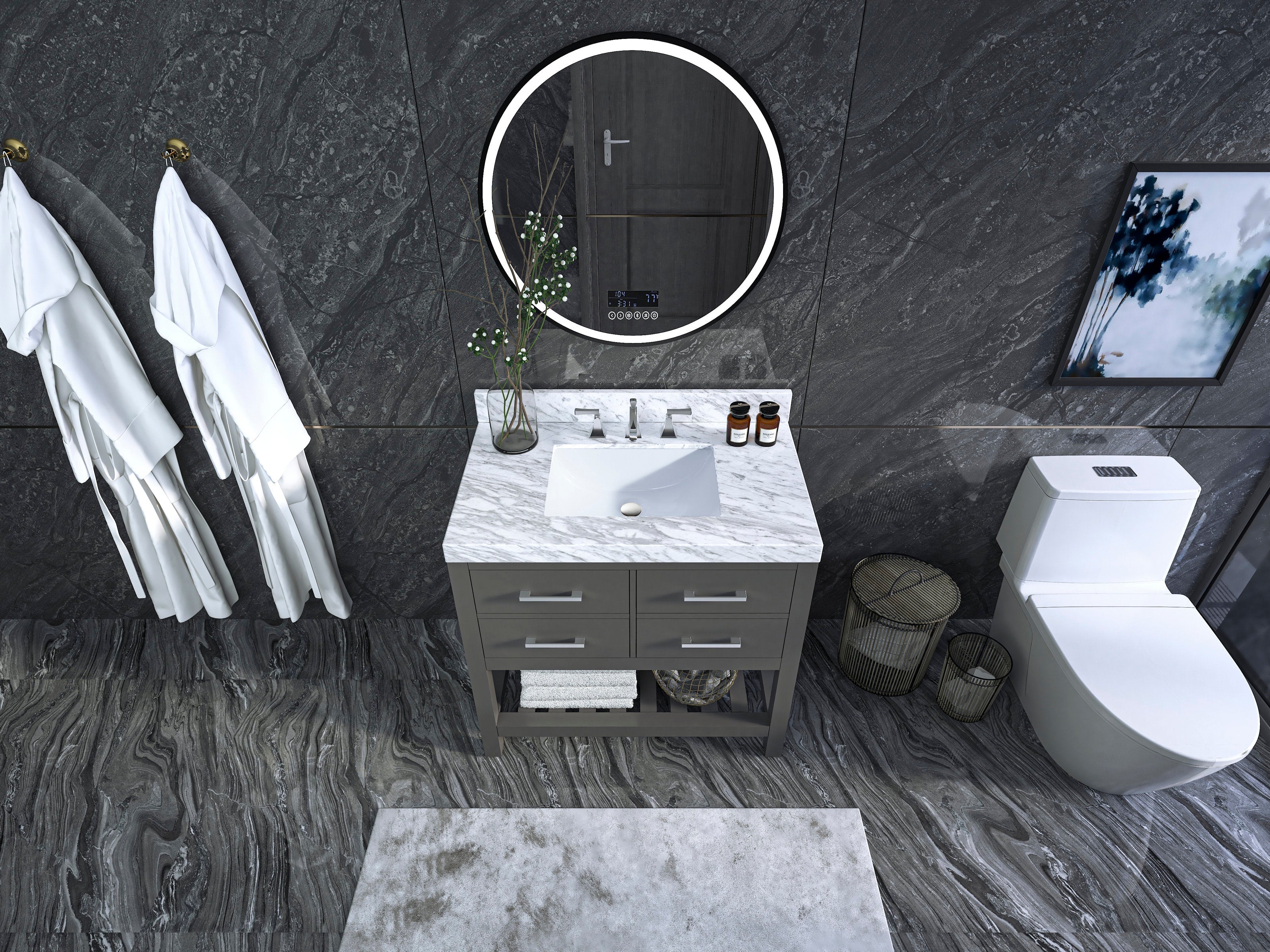 Overhead view of a modern 36-inch single-sink bathroom vanity with a white stone countertop and rectangular undermount sink, gray solid-wood cabinet, round illuminated mirror, white toilet and dark stone walls and floor.