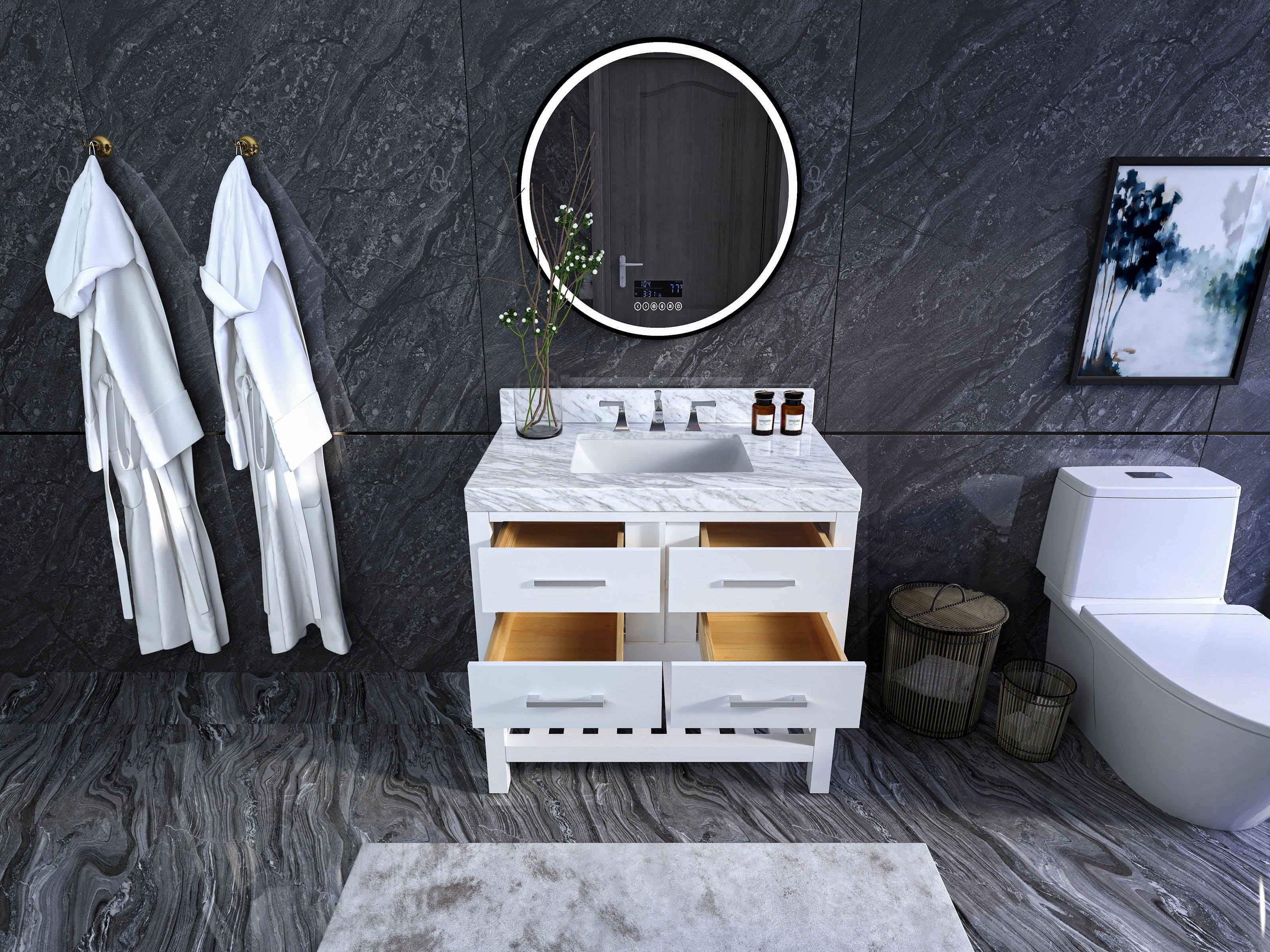 36-inch solid wood single-sink vanity with stone marble top, white painted base and four open drawers showing natural wood interiors, undermount rectangular ceramic sink with chrome faucet beneath a round LED mirror on dark stone tile wall.