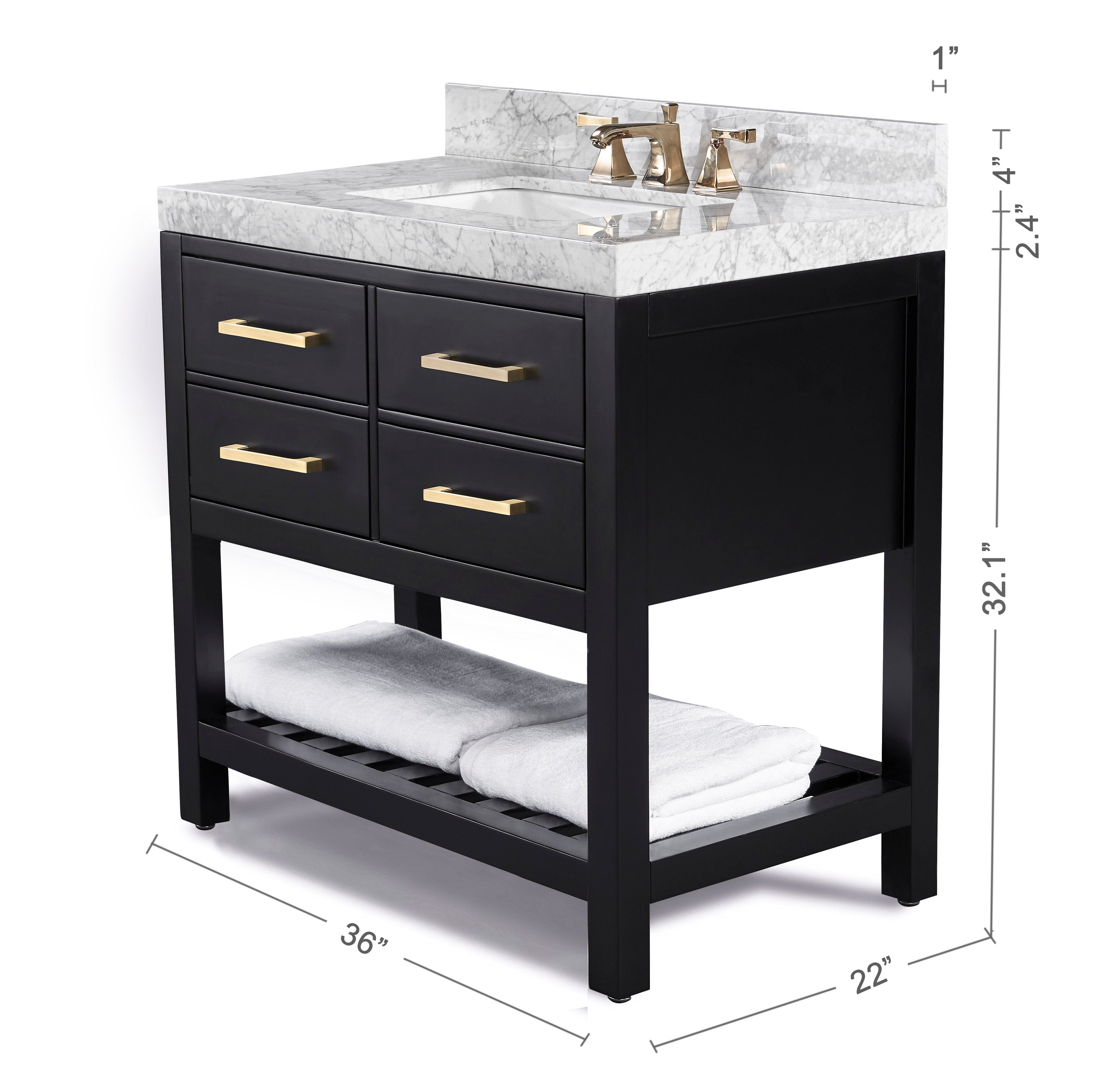 Modern solid-wood freestanding vanity in black with a stone marble top and integrated single sink, featuring four drawers with brushed-gold bar pulls and an open slatted lower shelf holding folded white towels.