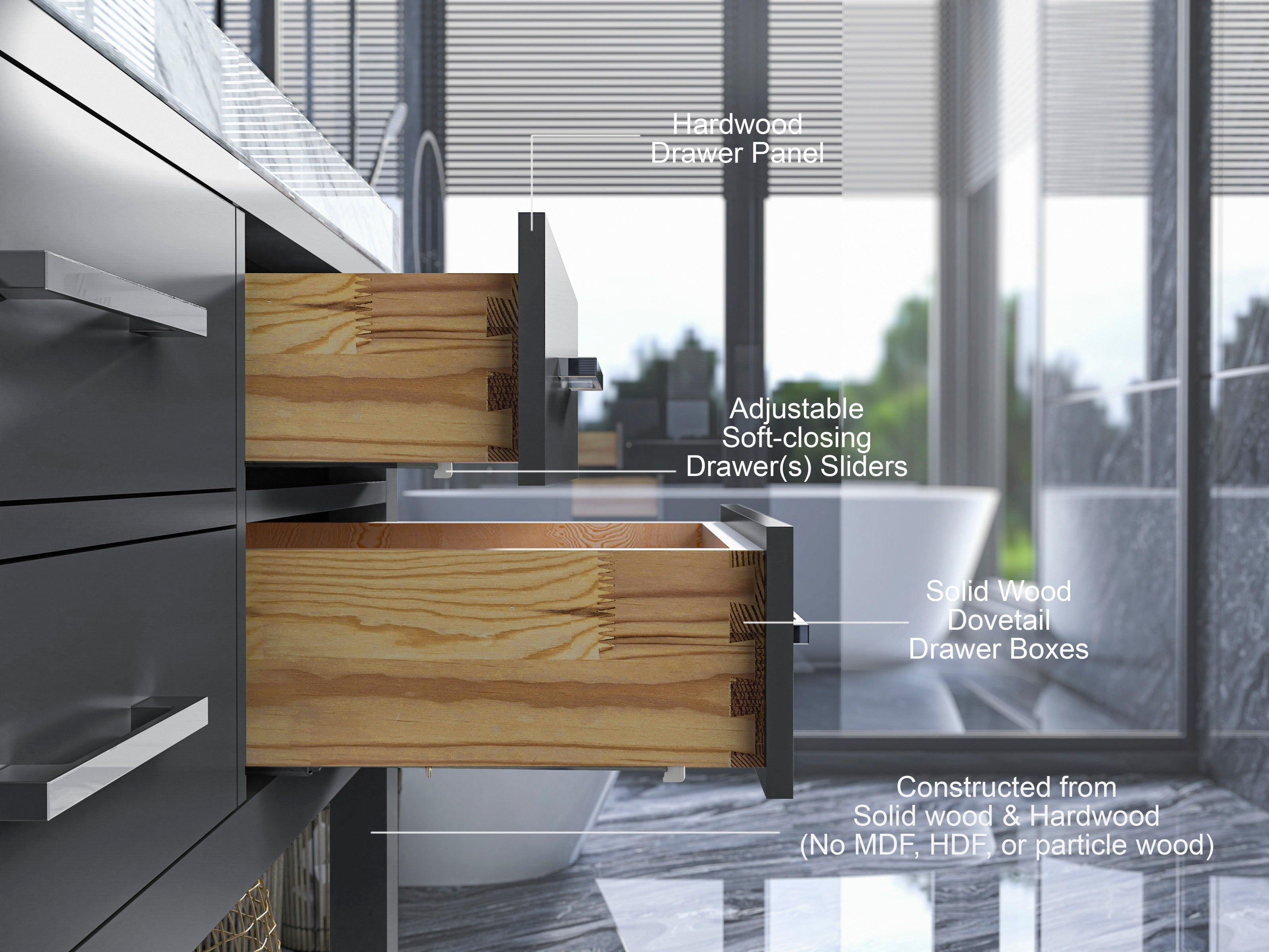 Close-up of a modern stone-topped bathroom vanity showing two open solid wood dovetail drawer boxes with natural wood grain, matte dark gray drawer fronts and chrome bar handles, highlighting soft-closing sliders.