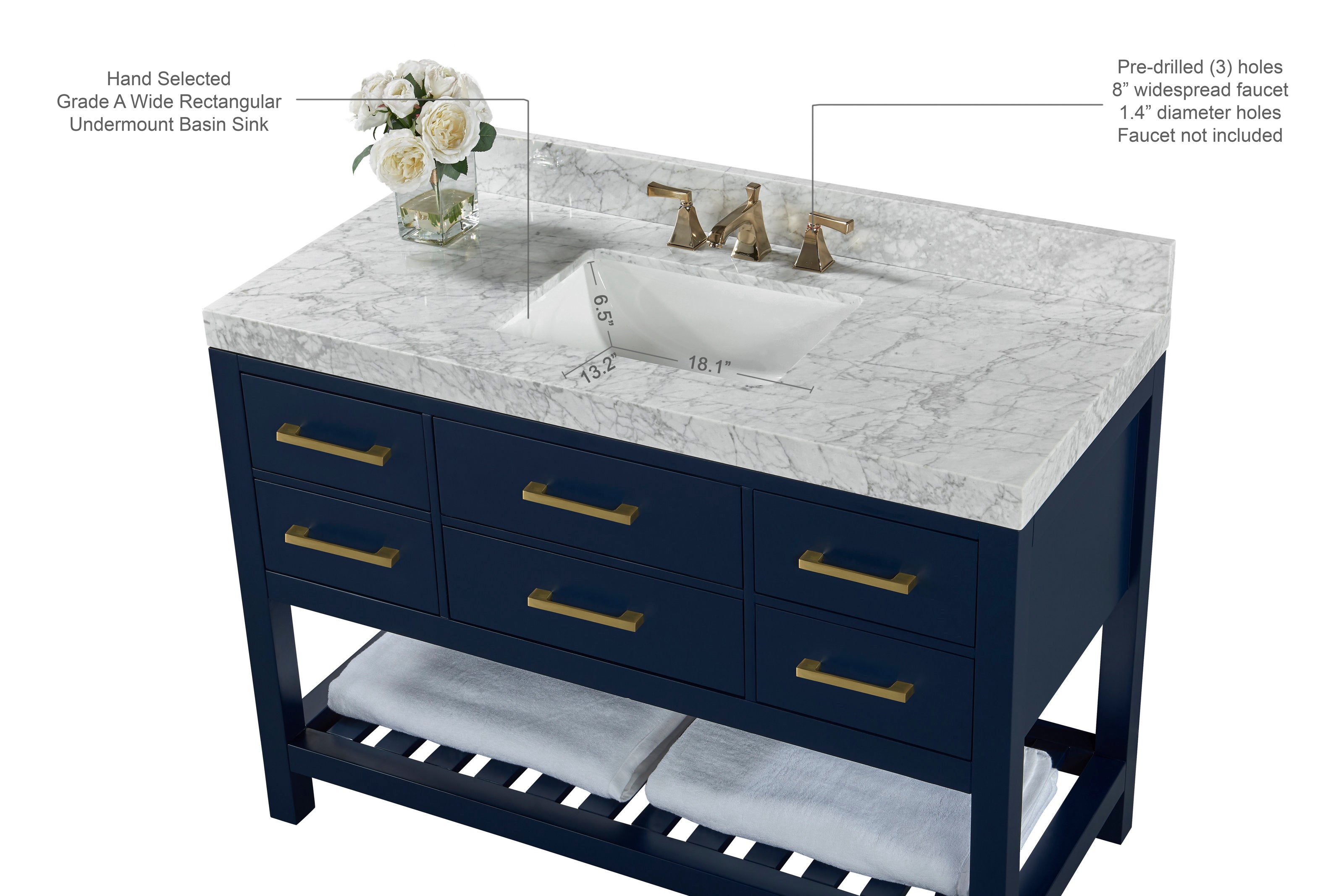 48-inch navy solid wood bathroom vanity with white marble stone countertop, rectangular undermount ceramic sink, brushed gold drawer handles and faucet, six drawers and open slatted shelf with folded towels.
