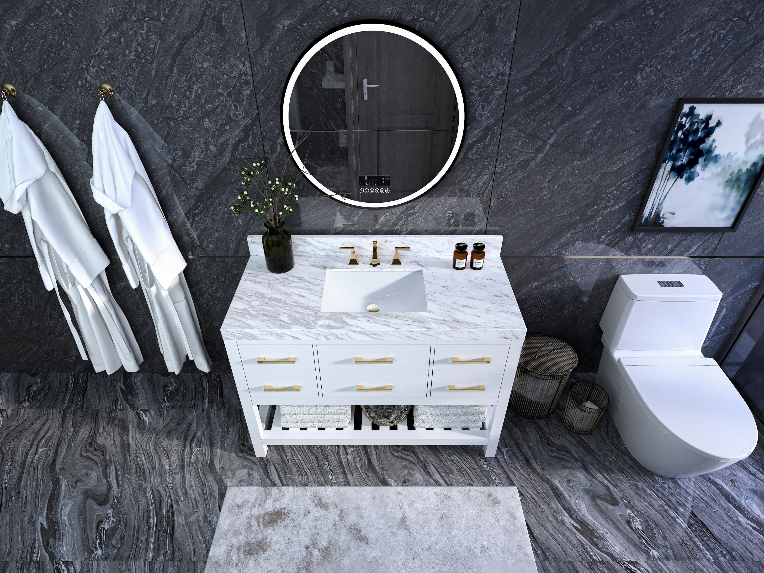 Top-down view of a 48-inch white solid wood single-sink vanity with a stone marble top, undermount ceramic sink, brushed-gold hardware, open lower shelf with folded towels, round LED mirror, dark stone marble walls and matching floor, white toilet at