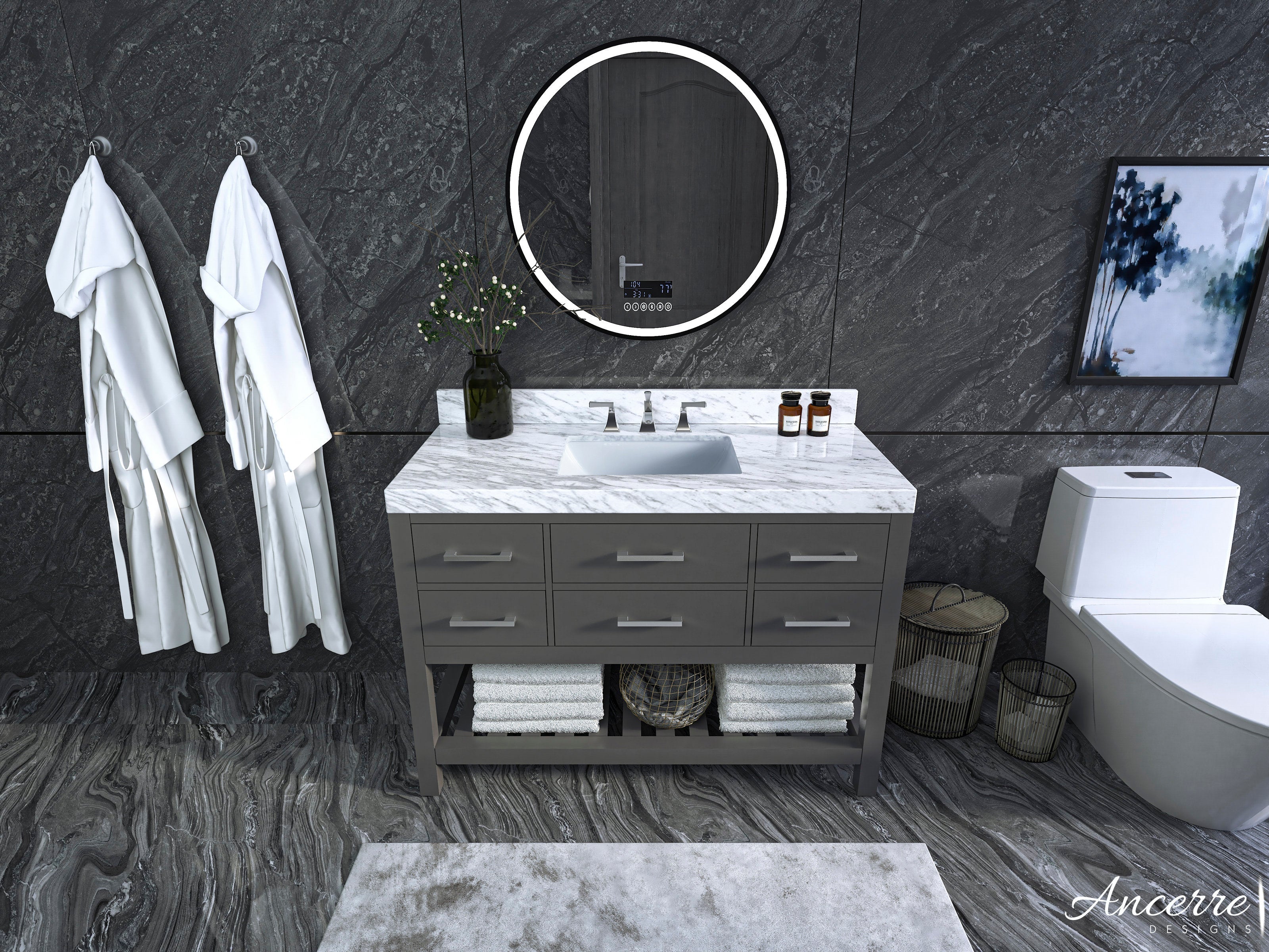 48-inch modern single-sink bathroom vanity with white marble stone top, stone-colored solid wood base, undermount rectangular sink, six drawers and open shelf with folded towels, round LED mirror above and robes at the wall.