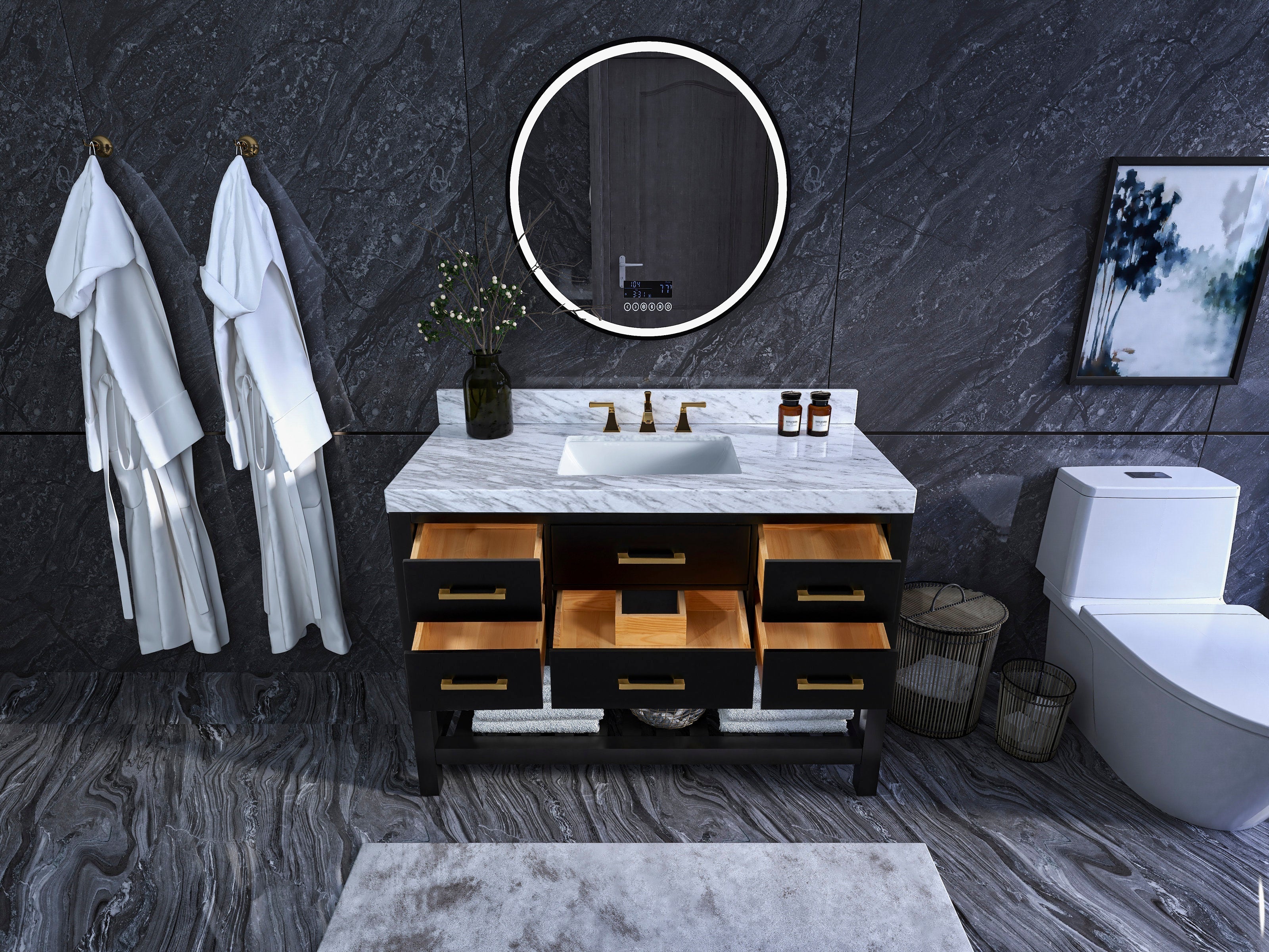 48-inch modern single-sink bathroom vanity with white marble top, rectangular undermount ceramic sink, black solid wood base, open drawers showing natural wood interiors, and brushed-gold brass faucet and matching drawer pulls against dark stone wall