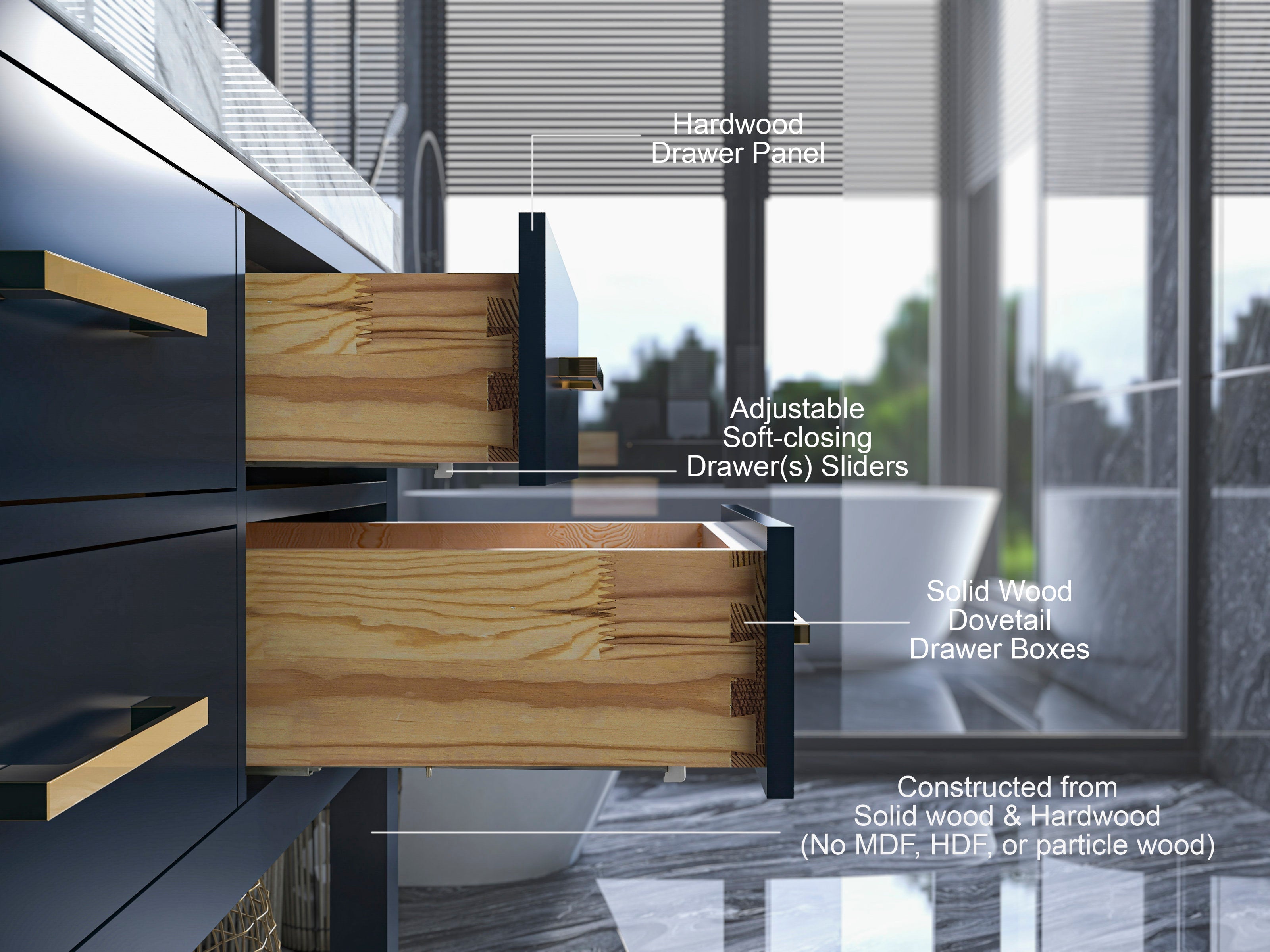 Close-up of open solid wood dovetail drawer boxes with adjustable soft-closing sliders in a modern stone-colored bathroom vanity featuring a marble countertop and gold brass bar handles.