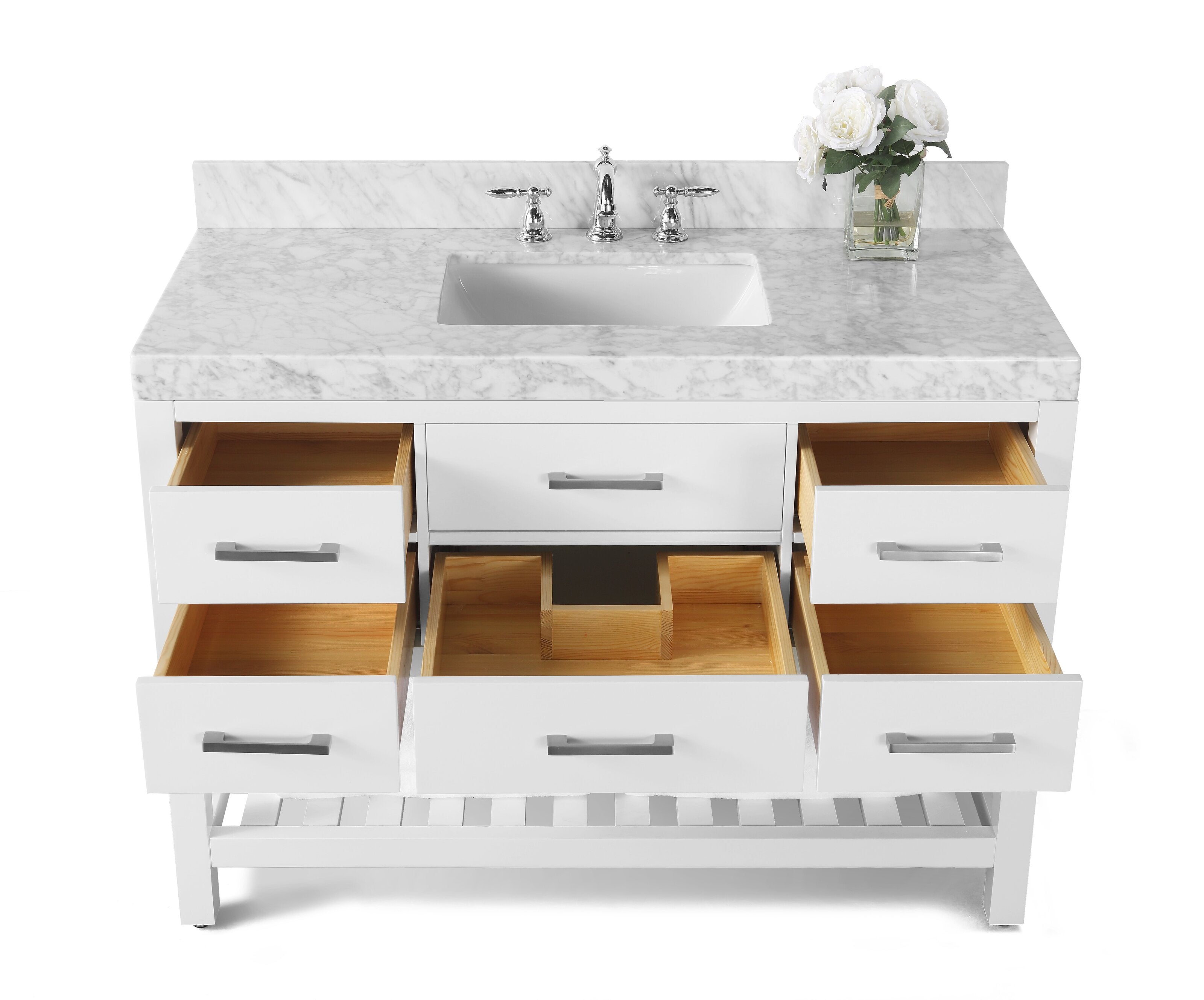Front view of a modern white 48-inch freestanding bathroom vanity with stone marble top, rectangular undermount sink and chrome faucet, six open drawers showing natural solid wood interiors, slatted bottom shelf and glass vase of white flowers.