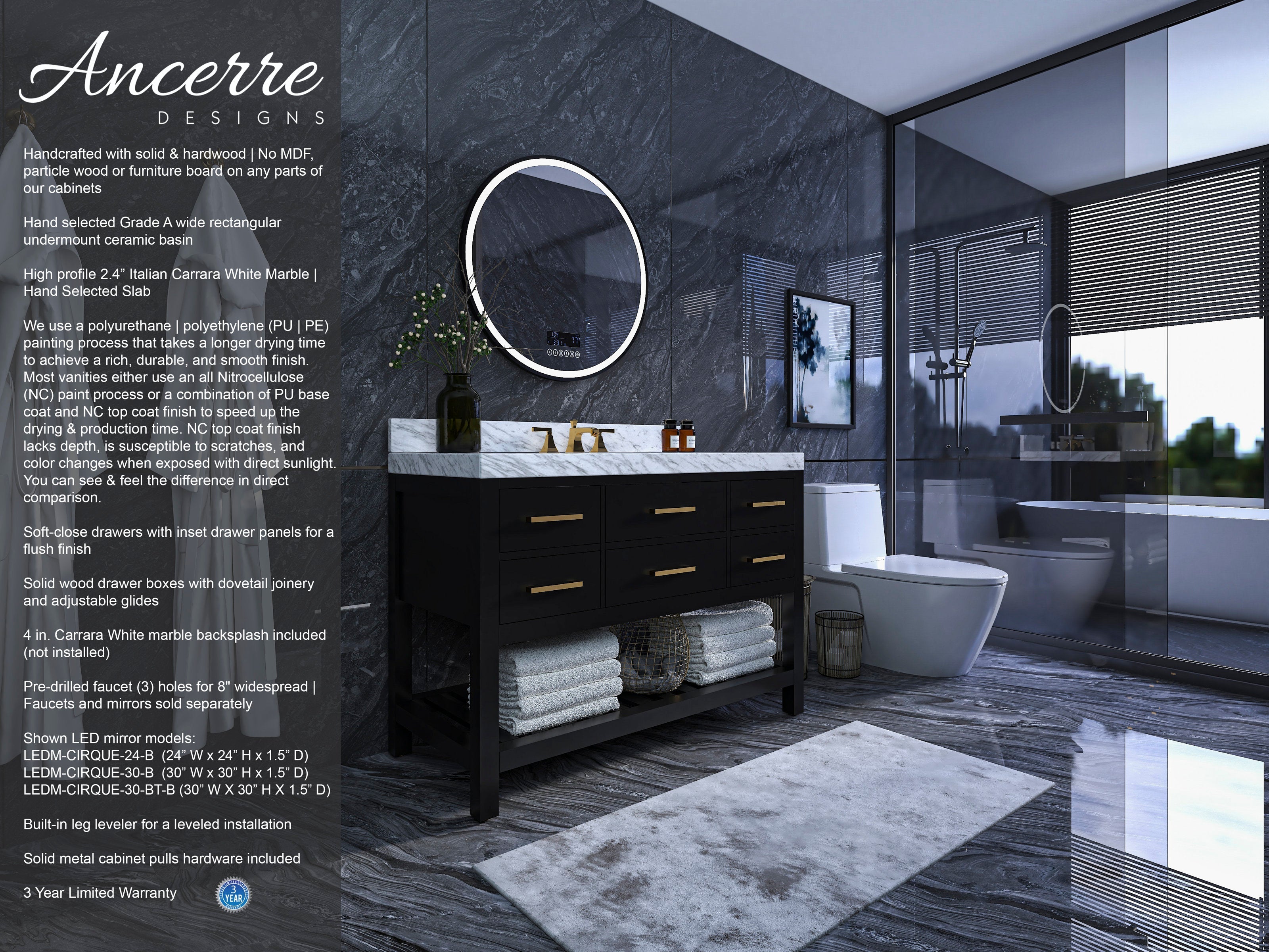 Contemporary 48-inch solid wood single-sink bathroom vanity in stone finish with Carrara white marble countertop, undermount ceramic basin, black cabinet, brass drawer pulls and open lower shelf with folded towels.