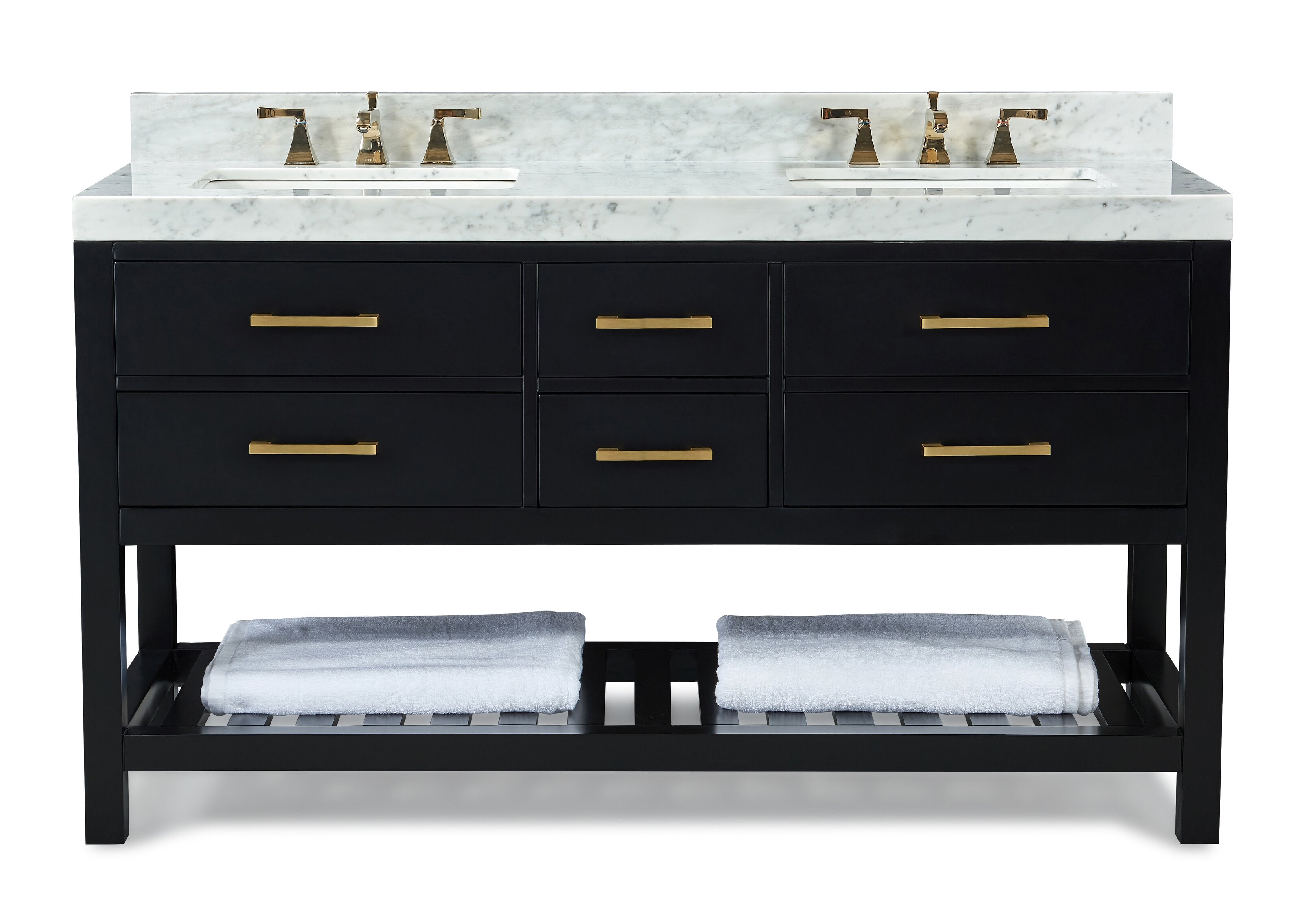 60-inch contemporary solid wood double-sink vanity with a white stone marble top, black wood base, six drawers with brushed brass handles and an open slatted lower shelf holding two folded white towels.