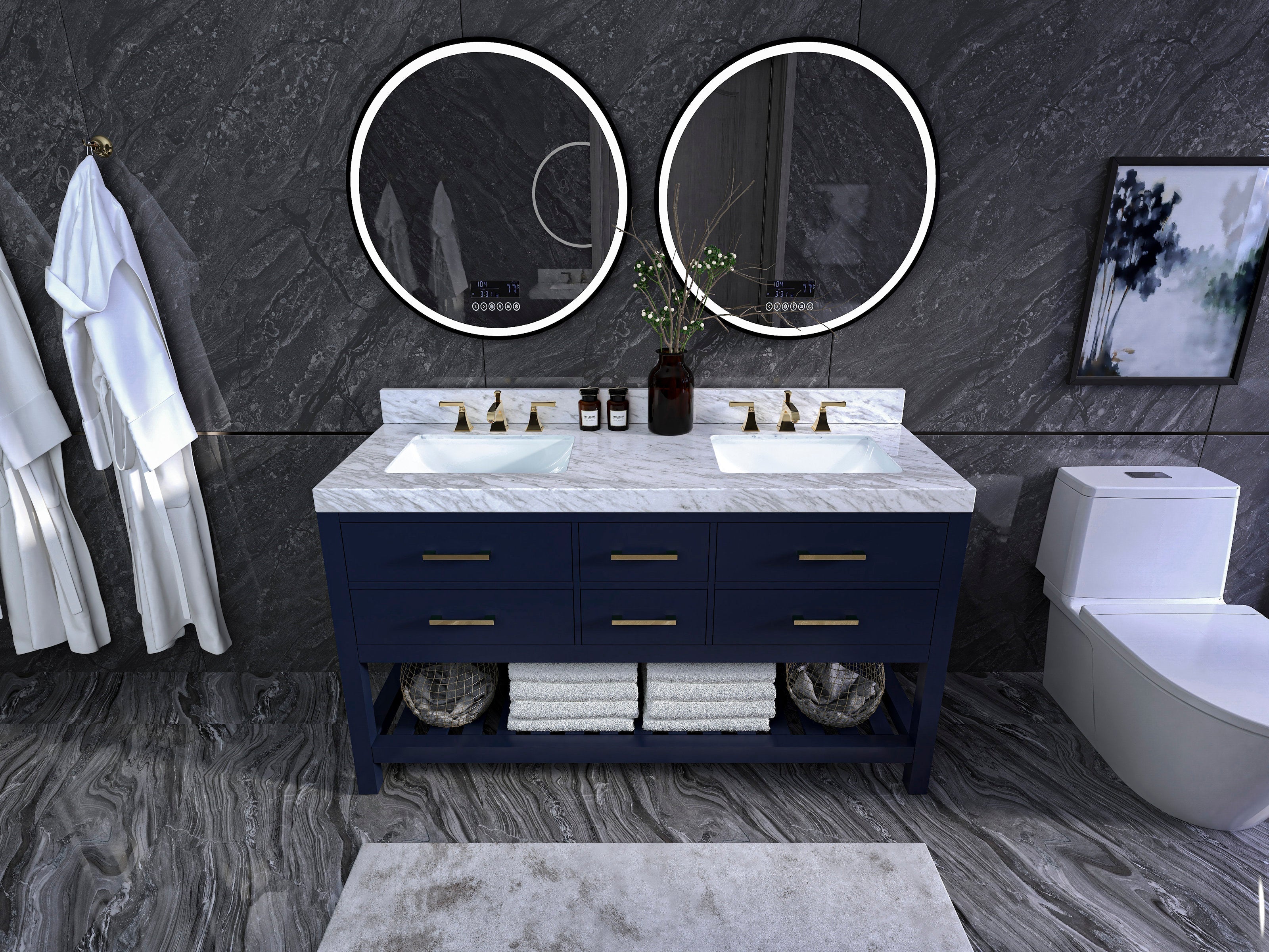 60-inch solid wood double-sink vanity with a stone marble top and navy wooden base, two white ceramic undermount sinks, brass faucets, open lower shelf with towels and baskets, and two round mirrors.