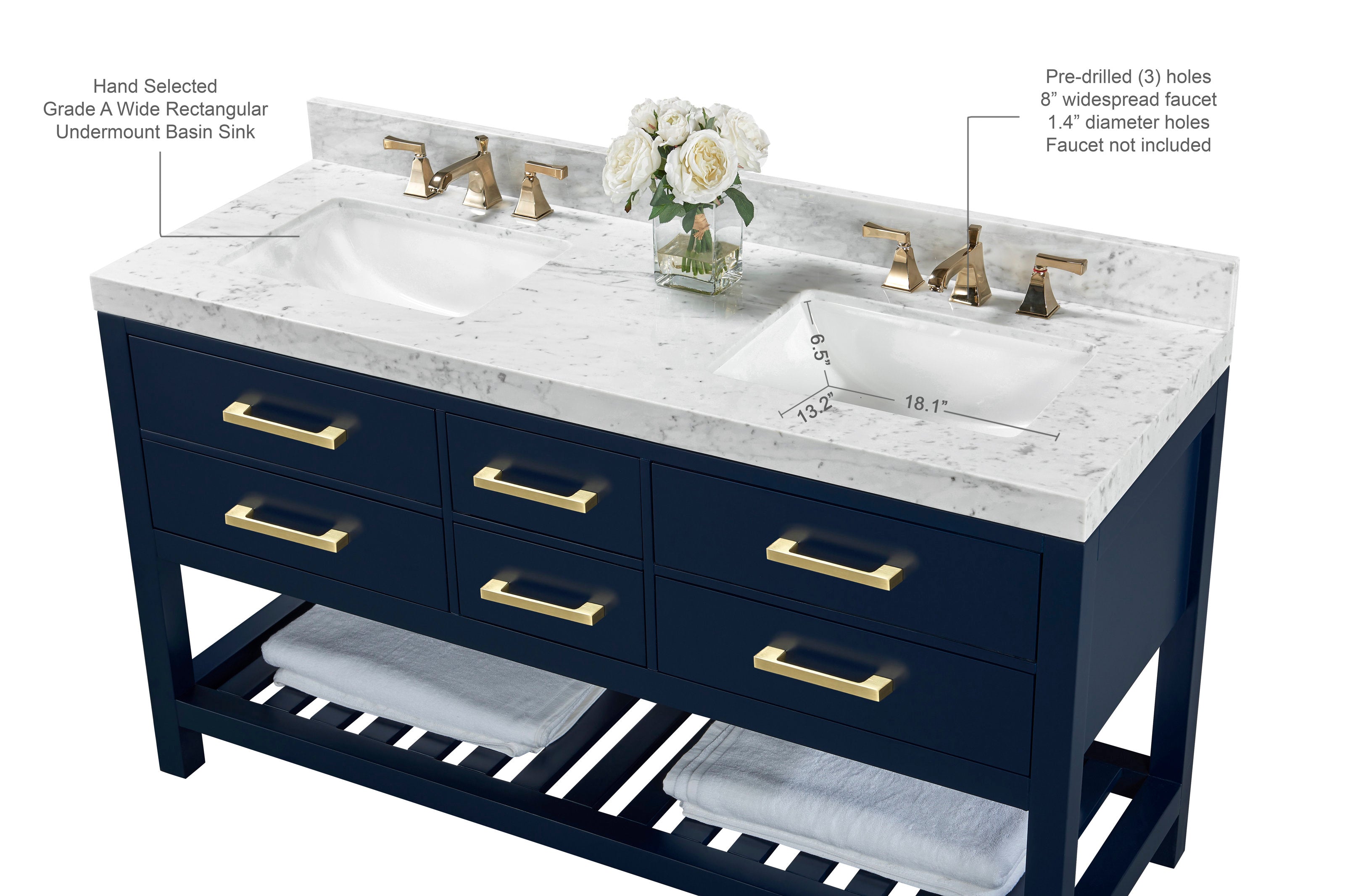 Modern 60-inch solid wood double-sink vanity with a stone marble top, two rectangular undermount white ceramic sinks, navy painted base, brushed brass drawer pulls and faucets, slatted shelf with folded towels and vase.