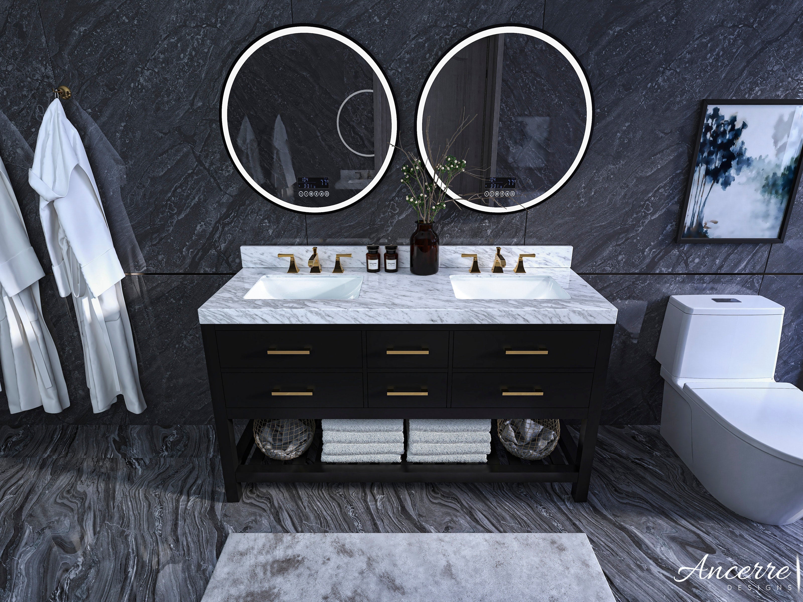 Modern solid wood 60-inch double-sink vanity with white stone marble top, two undermount ceramic sinks, brushed gold faucets and drawer pulls, open lower shelf with folded towels and baskets, round LED mirrors against dark stone wall.