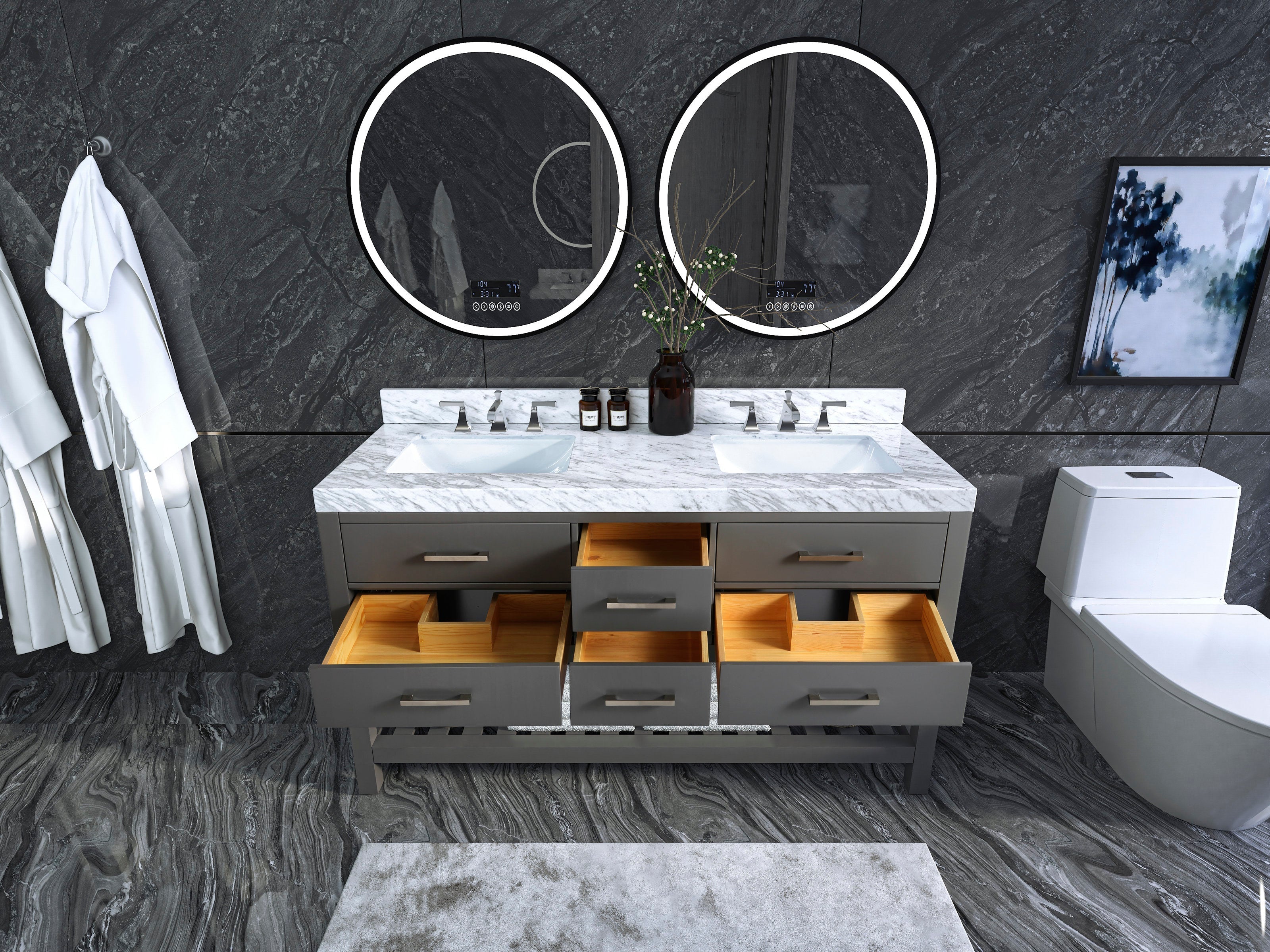 60-inch modern solid wood double-sink vanity in gray with a white stone countertop, two undermount ceramic sinks, chrome faucets, open drawers showing natural wood organizers, round LED mirrors and dark stone wall.