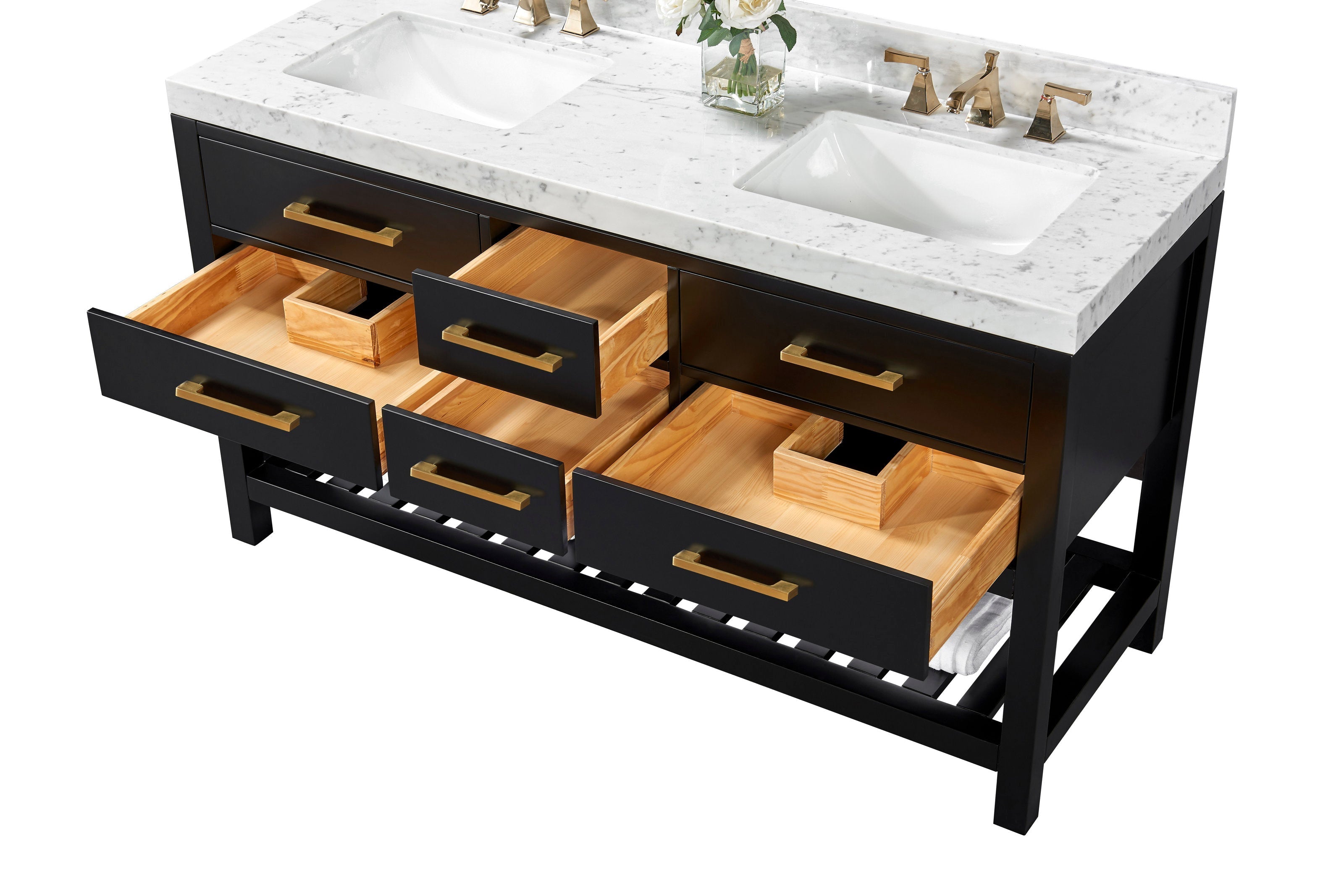 Contemporary solid wood bathroom vanity with white stone marble top and two rectangular undermount ceramic sinks, black painted base with brushed-gold handles, open drawers showing natural wood interiors and a slatted lower shelf.