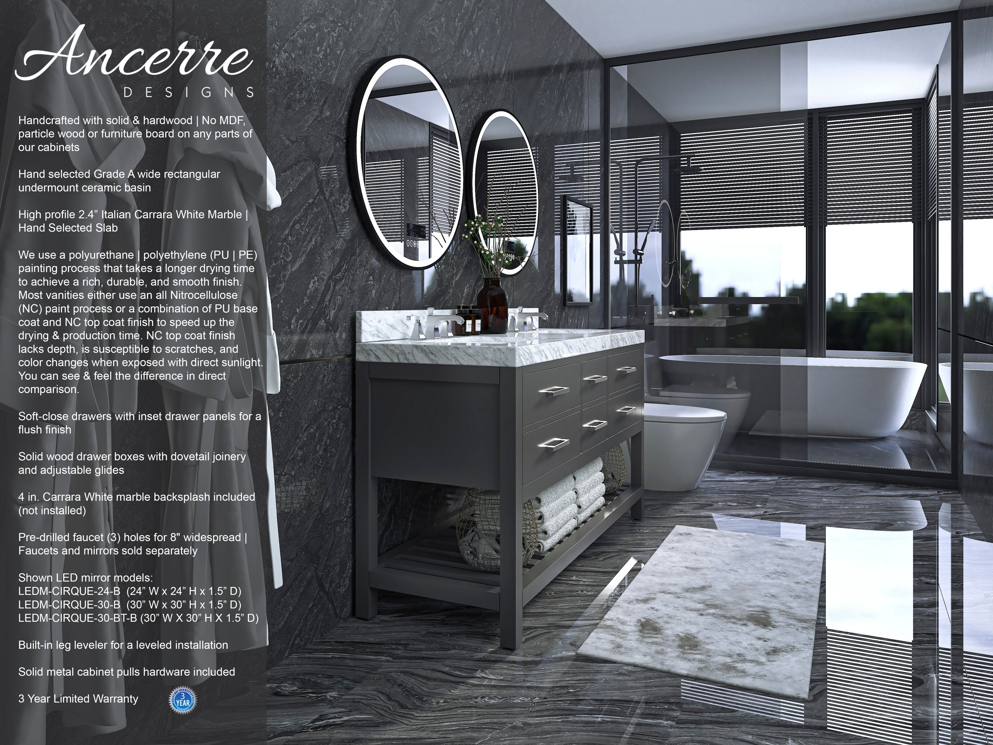 60-inch solid wood double-sink vanity in a stone finish with a white marble top, two undermount ceramic sinks, chrome pulls and round LED mirrors; open lower shelf with towels, shown in a modern bathroom with glass shower and freestanding tub.