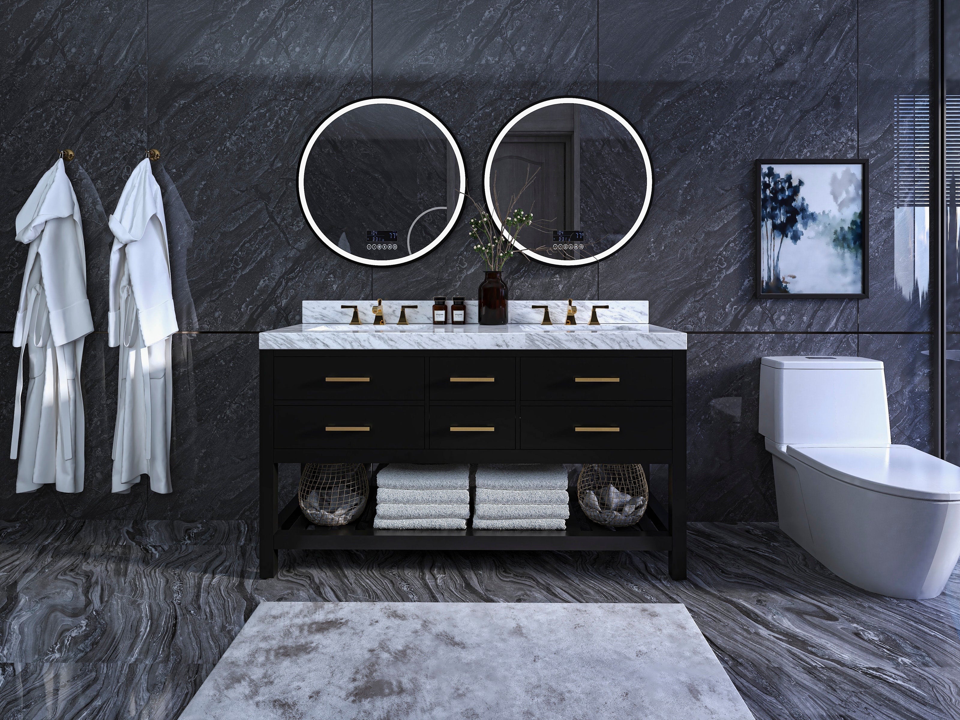 60-inch modern solid wood double-sink vanity with a white stone top, black wooden base, brushed gold faucets and two round illuminated mirrors; open lower shelf holds folded towels and decorative baskets against dark stone walls.
