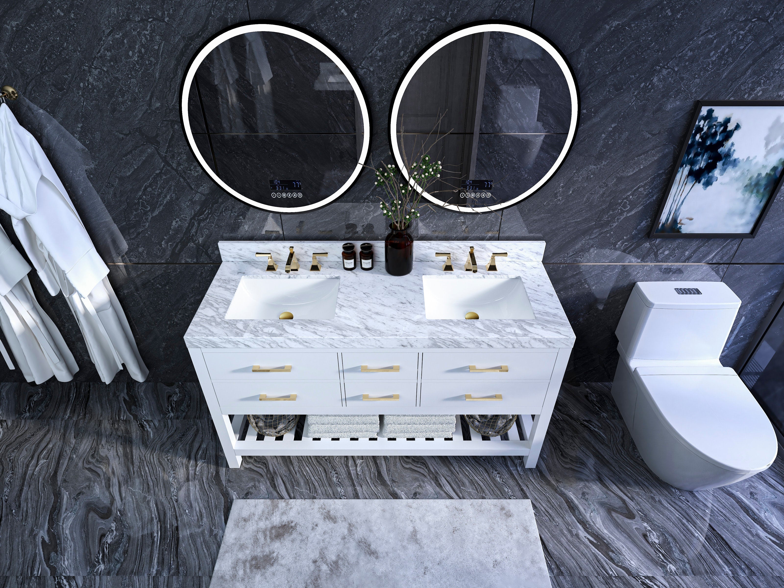 60-inch solid wood double-sink vanity with stone marble top, two white ceramic undermount sinks, brushed gold faucets and drawer pulls, open lower shelf with folded towels, paired with round LED mirrors on a dark stone wall.