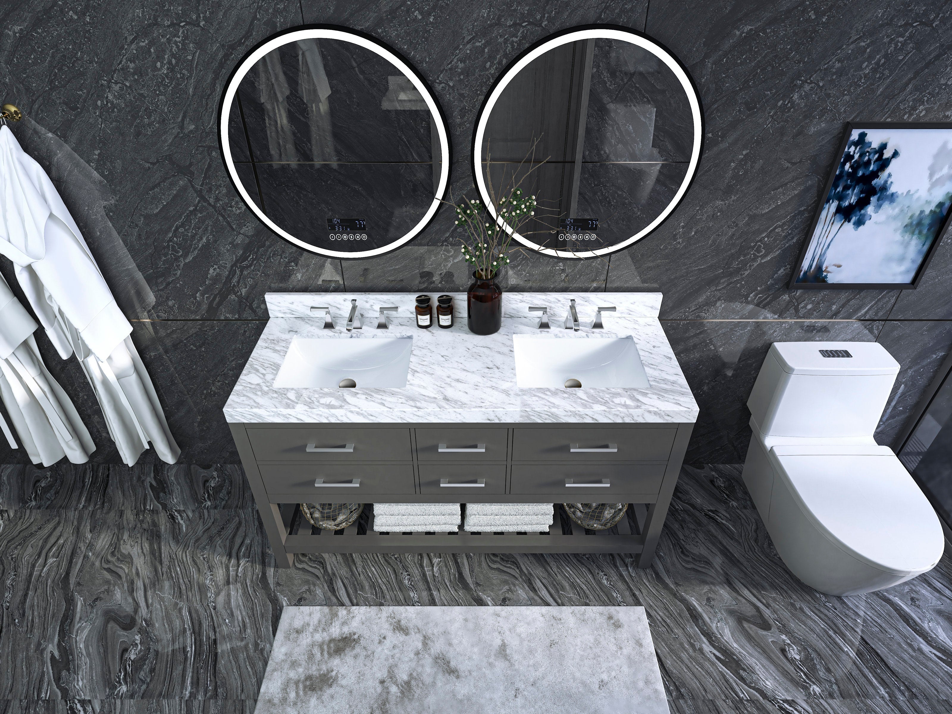 Overhead view of a 60-inch modern solid wood double-sink vanity in stone gray with a white marble top, two rectangular ceramic sinks, chrome faucets, open lower shelf with towels and round LED mirrors