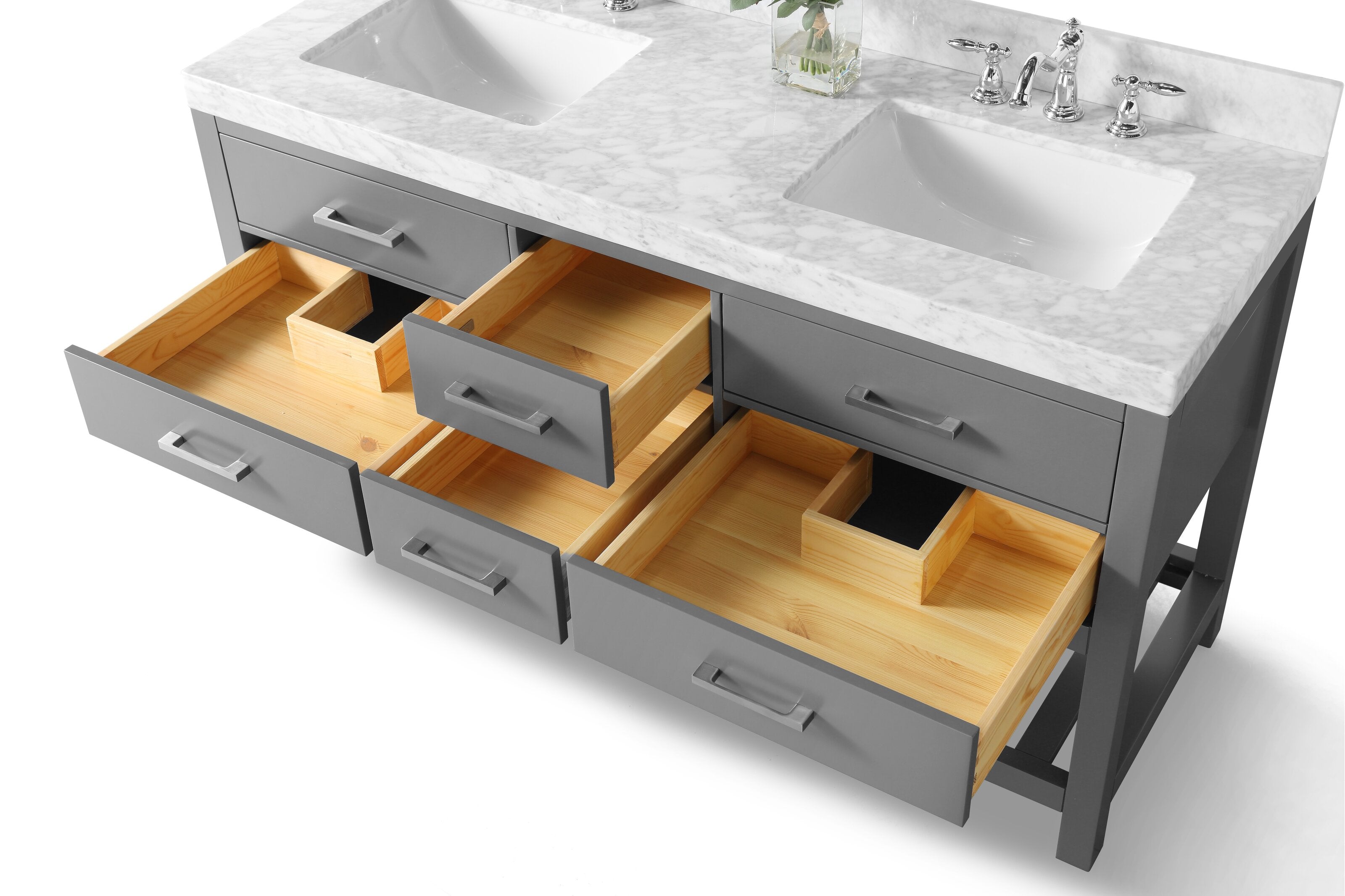 Modern stone-top double-sink vanity in stone color with a marble-look countertop, two rectangular undermount ceramic sinks and chrome faucets; gray solid-wood case with multiple open drawers showing natural wood interiors.